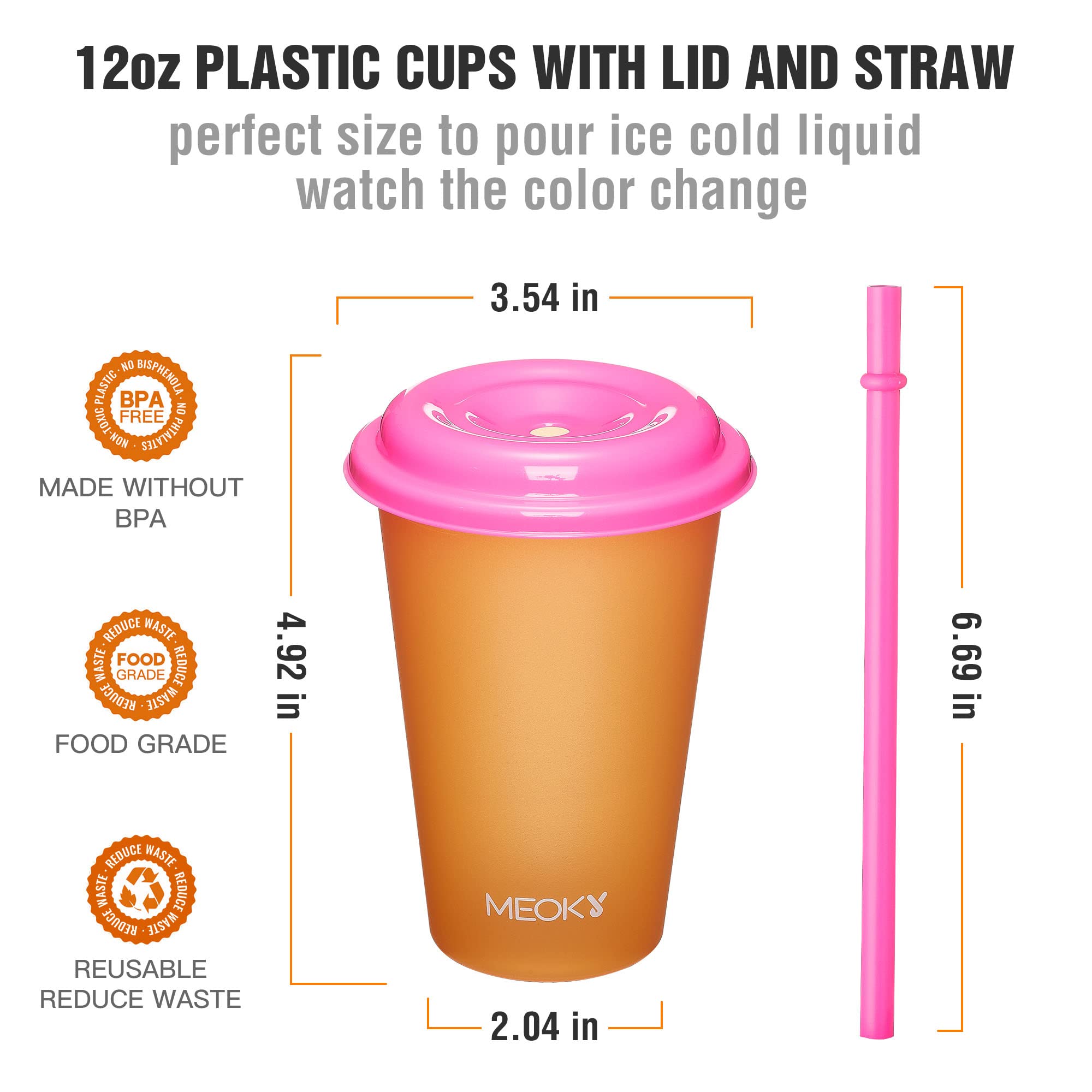 Meoky 12oz Color Changing Plastic Cups with Lids & Straws - 12 Pack Reusable Kids Tumblers for Cold Drinks, Summer Parties, Picnics, and Outdoor Activities