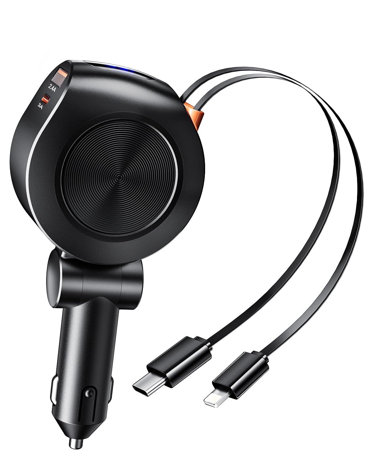 69W Retractable Car Charger with 4-in-1 Fast Charging - Dual USB Ports & 2 Retractable Cables for iPhone 16/15/14/13, AirPods 4/3, iPad, Galaxy, Pixel & Android Phones | Perfect for Road Trips & Daily Commutes