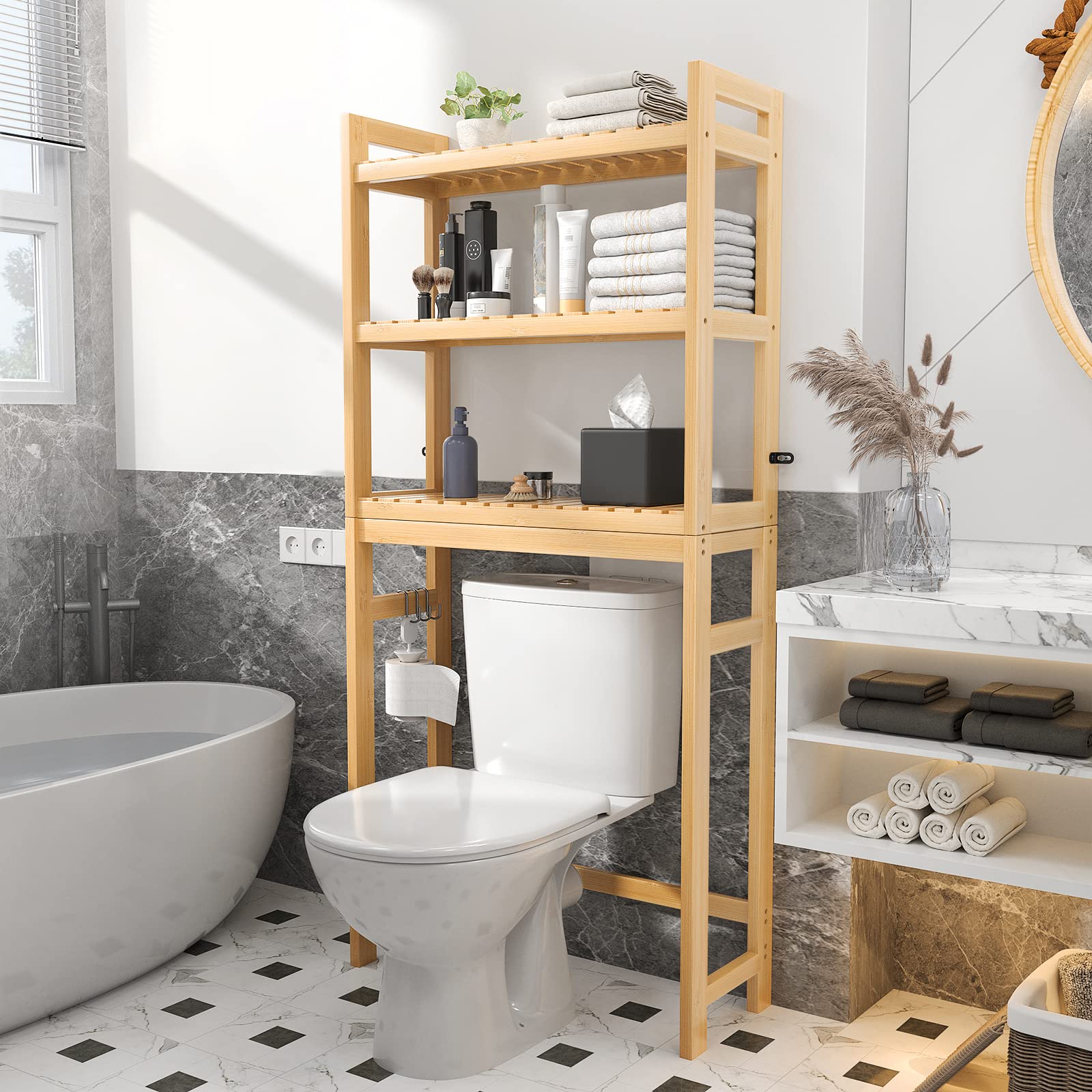 Homykic 3-Tier Over The Toilet Storage Shelf - Bamboo Bathroom Organizer with 3 Hooks, Freestanding Space-Saving Rack for Small Bathrooms, Laundry Rooms & Restrooms - Easy Assembly, Natural Finish - Perfect for Organizing Towels, Toiletries & Cleaning Supplies