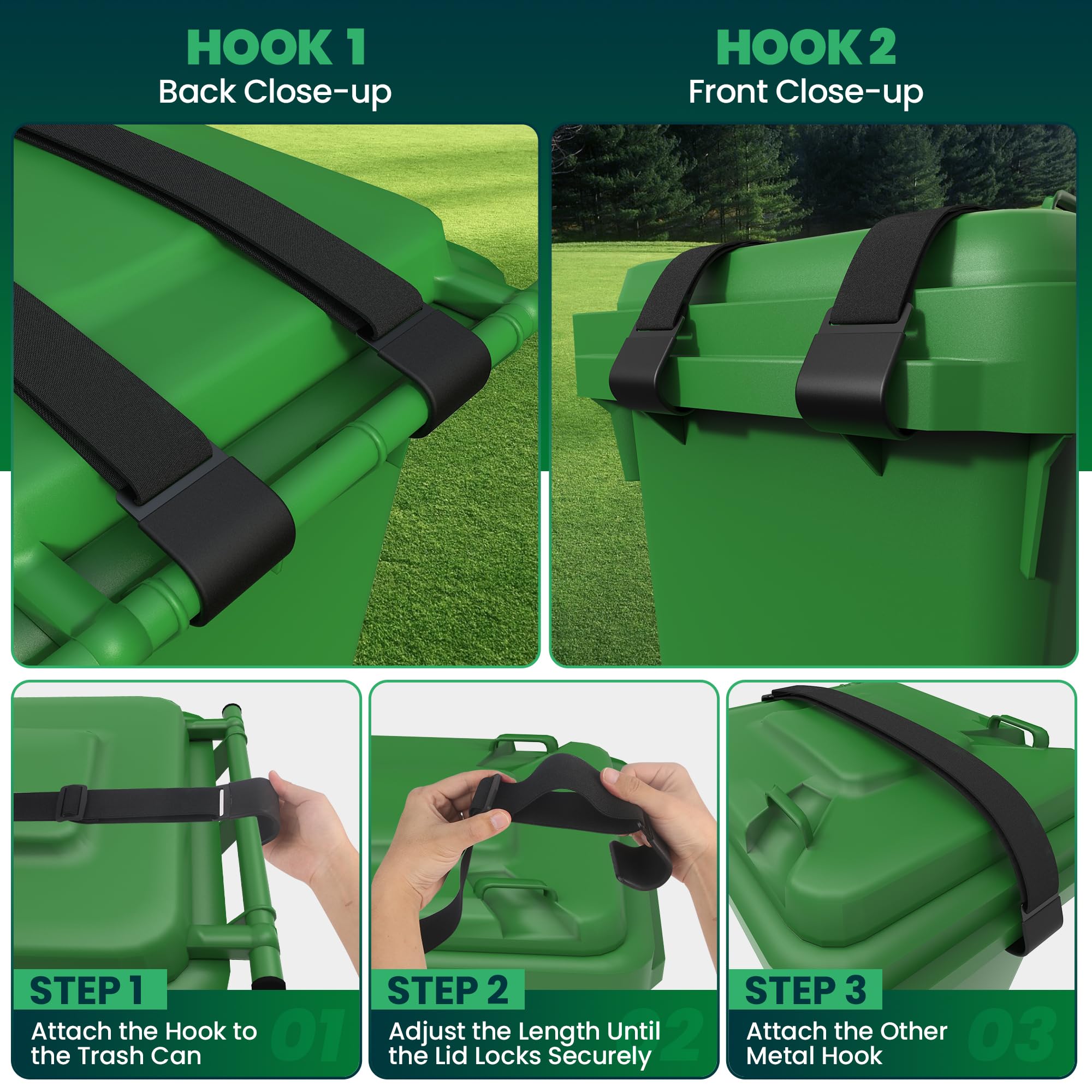 2 Pack Heavy Duty Metal Double Claw Trash Can Lid Lock - Raccoon Proof & Bear Resistant Outdoor Garbage Bin Lock Straps with Bungee Cord - Secure Trash Cans from Animals and Wind - Perfect for Camping, Backyard, Parks and Wildlife Areas (Black)