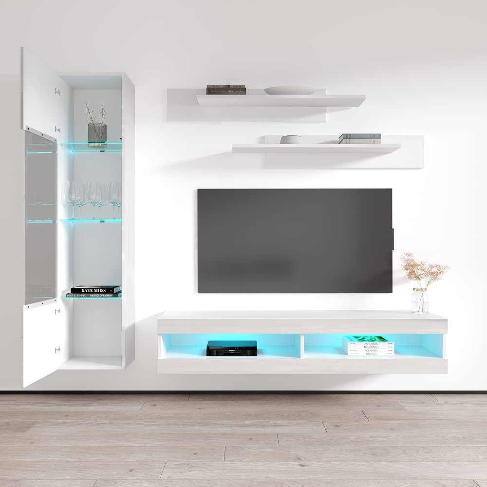 Modern White Wall-Mounted TV Stand with Storage Shelves & LED Lights - Floating Entertainment Center Console for Bedroom & Living Room - Perfect for Small Spaces & Home Theater Setup - Meble Furniture Fly G3 34TV Stand