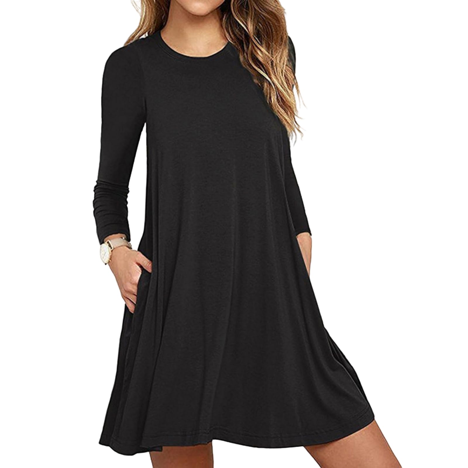Women's Fall Long Sleeve Casual Swing Dress - Loose A-Line Mini T-Shirt Dress with Round Neck | Perfect for Autumn Outfits, Office Wear & Weekend Brunch