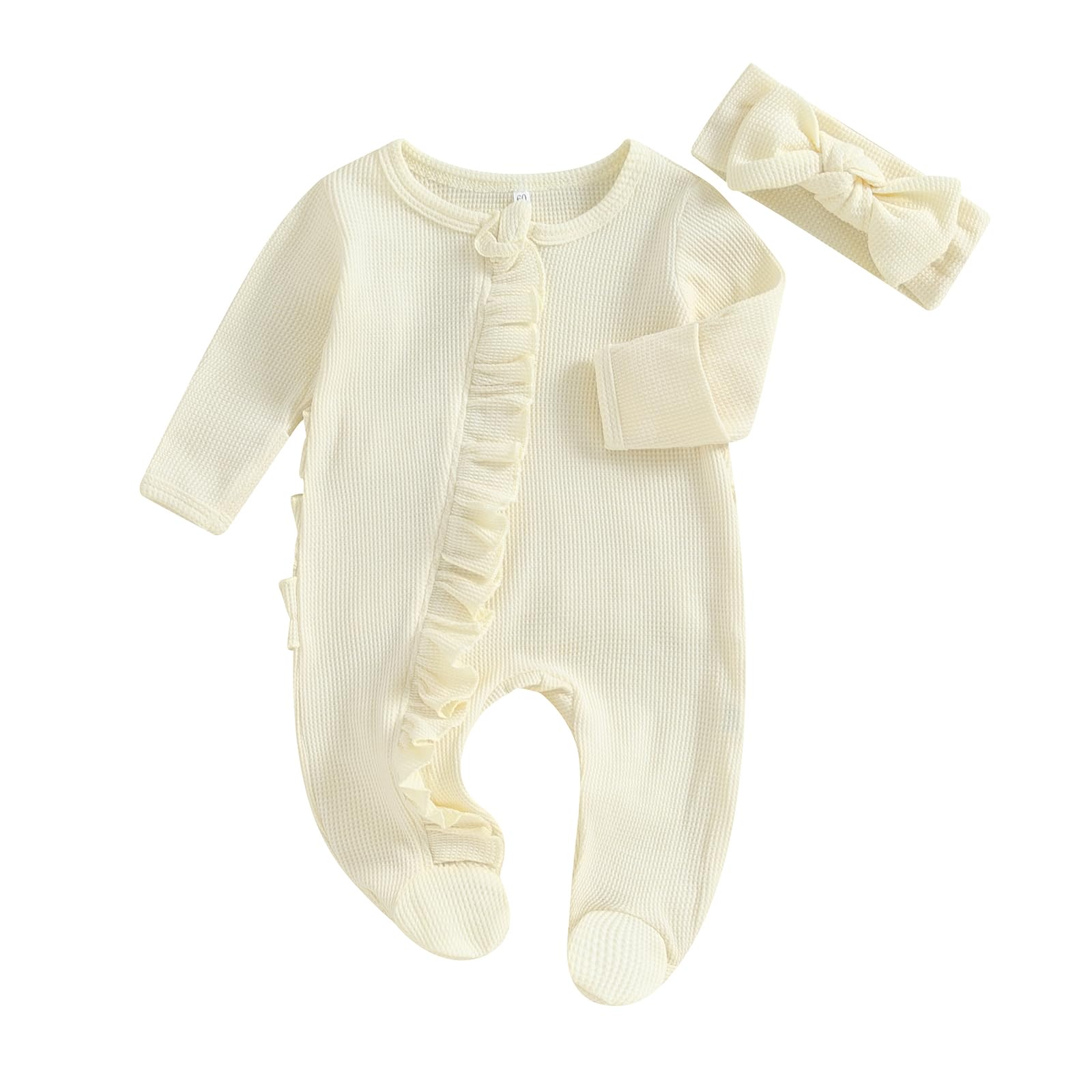 FYBITBO Baby Girl Waffle Knit Romper - Soft Ruffle Jumpsuit with Zipper, Newborn Onesie Outfit for Coming Home, Photo Shoots & Daily Wear (0-24 Months)