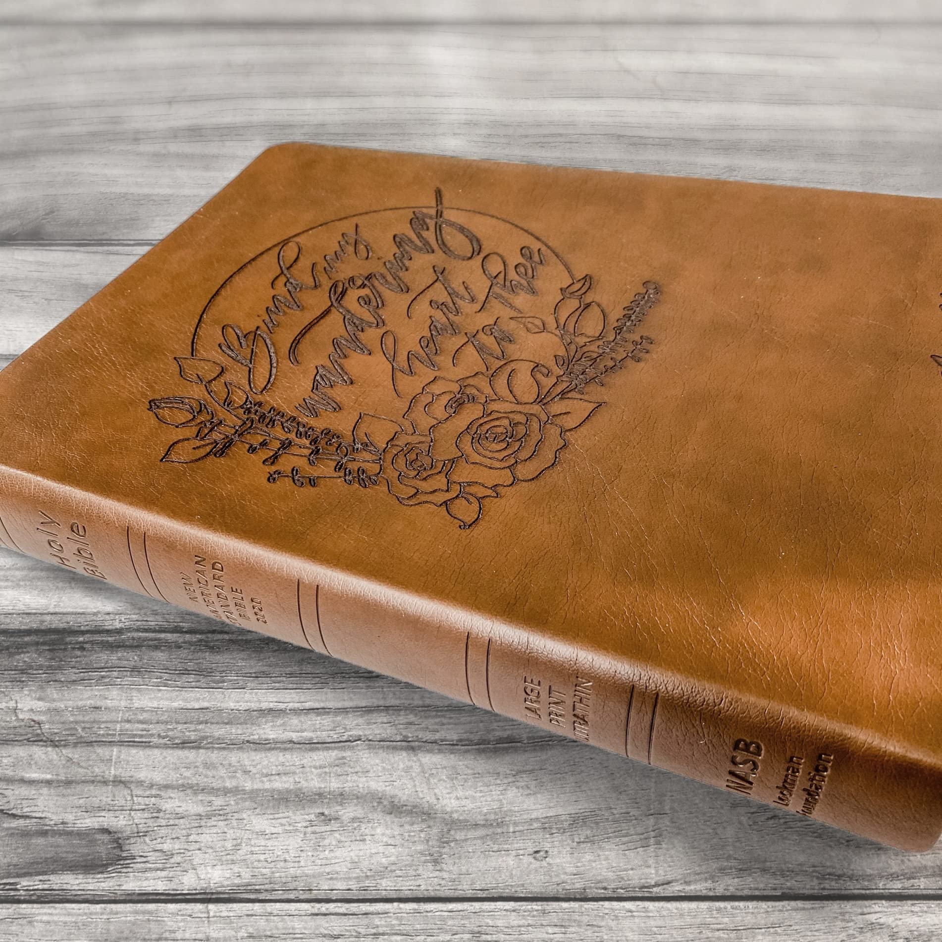Hand Illustrated Laser Engraved NASB Bible - Large Print Reference Bible with Brown Leather Cover | Custom Name Engraving Available | Perfect for Church, Bible Study & Gift Giving