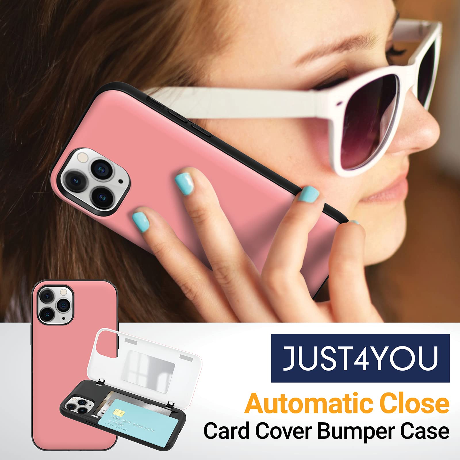 JUST4YOU Magnetic Wallet Case for iPhone 11 Pro - Slim Card Holder with Auto Closure & Hidden Mirror | Shockproof Bumper Cover (Pink) | Perfect for Work, Travel & Everyday Use