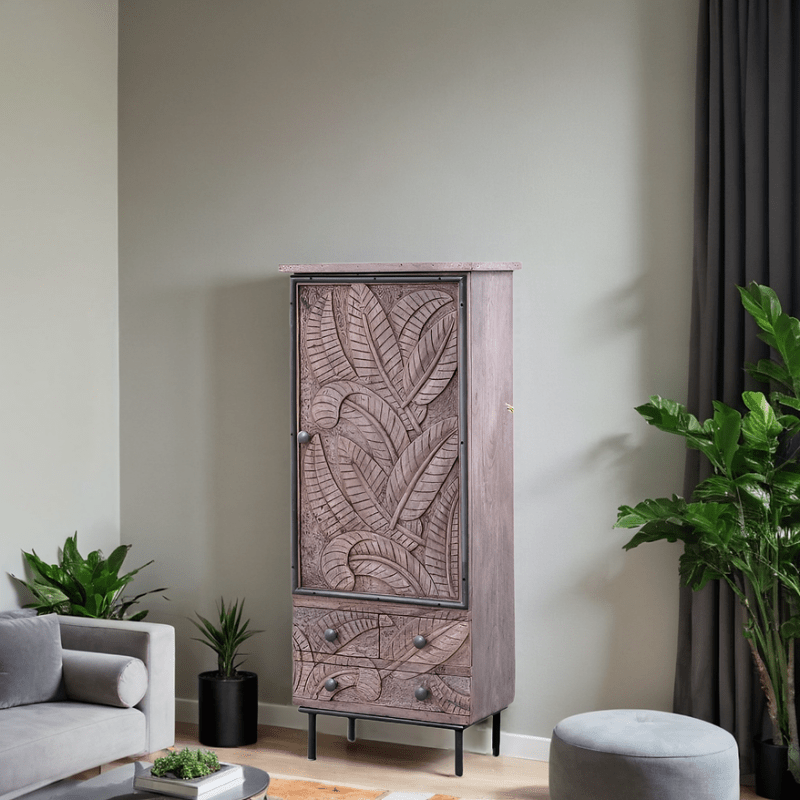 Handmade Wooden Cabinet with Leaf Carving - Unique Rustic Home Furniture for Living Room, Bedroom & Office Storage