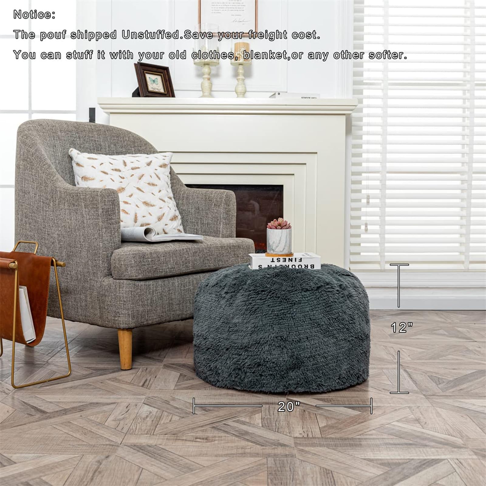 Fur Ottoman Stool Cover - 20x12 Inch Round Foot Rest Pouf, No Filler, Foldable Floor Bean Bag Chair for Living Room & Bedroom - Dark Gray - Perfect for Cozy Home Decor, Reading Nook, and Pet Lounging