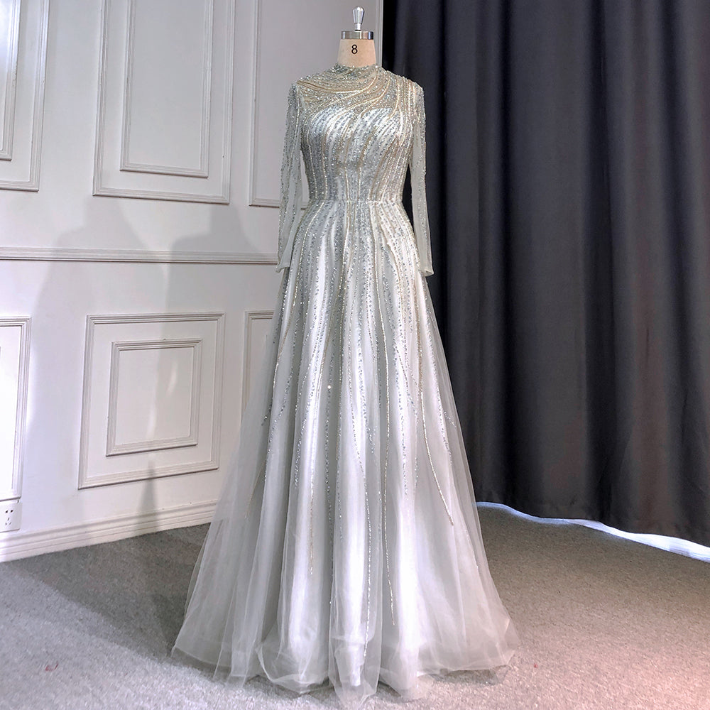 Serene Hill Muslim Grey A-Line Evening Dress with High Neck & Long Sleeves - 2025 Luxury Beaded Gown for Women - Perfect for Parties, Weddings & Special Occasions