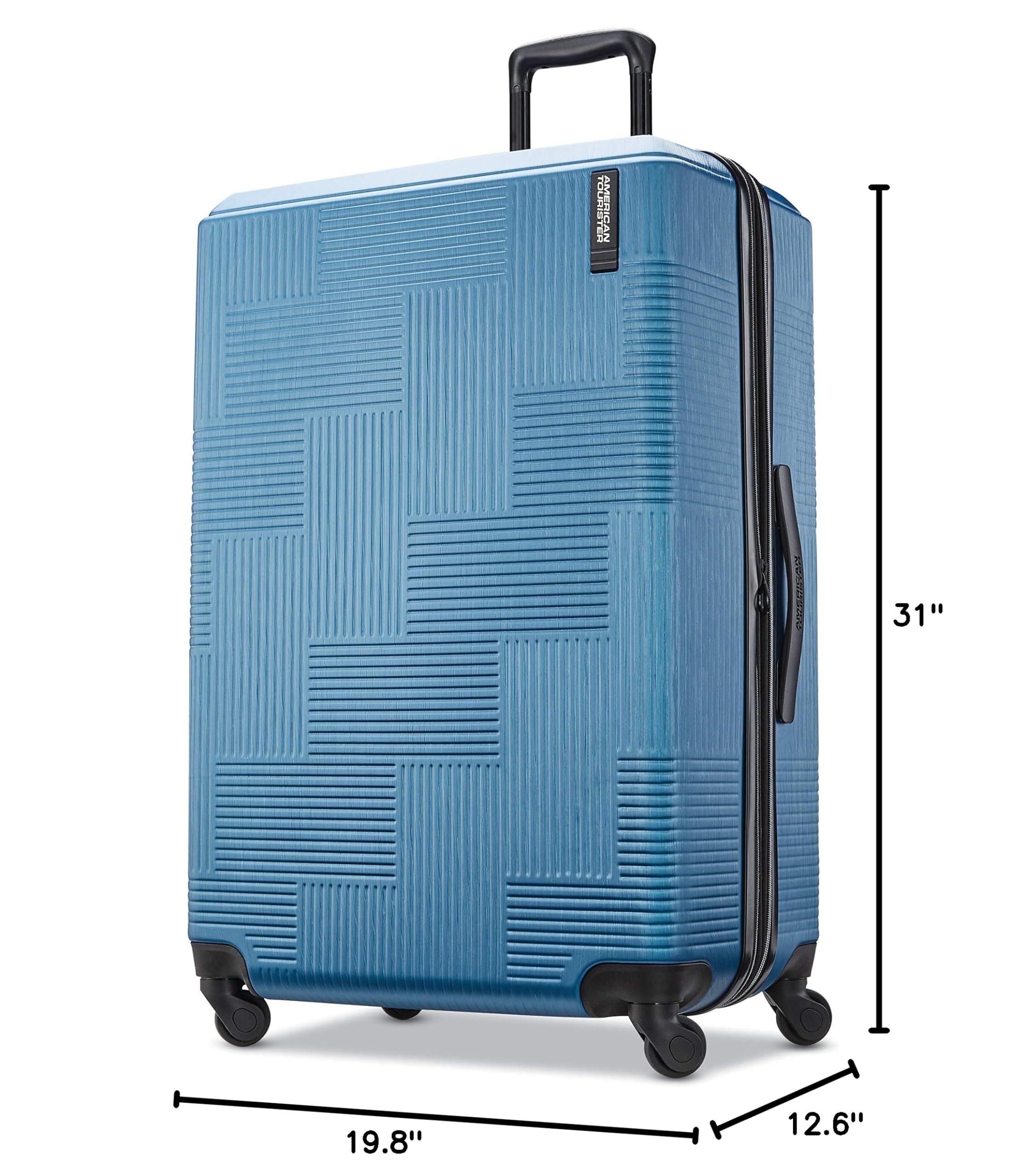 American Tourister Stratum XLT Expandable Hardside Suitcase with 360° Spinner Wheels - 28-Inch Checked Luggage in Blue Spruce | Perfect for International Travel & Family Vacations