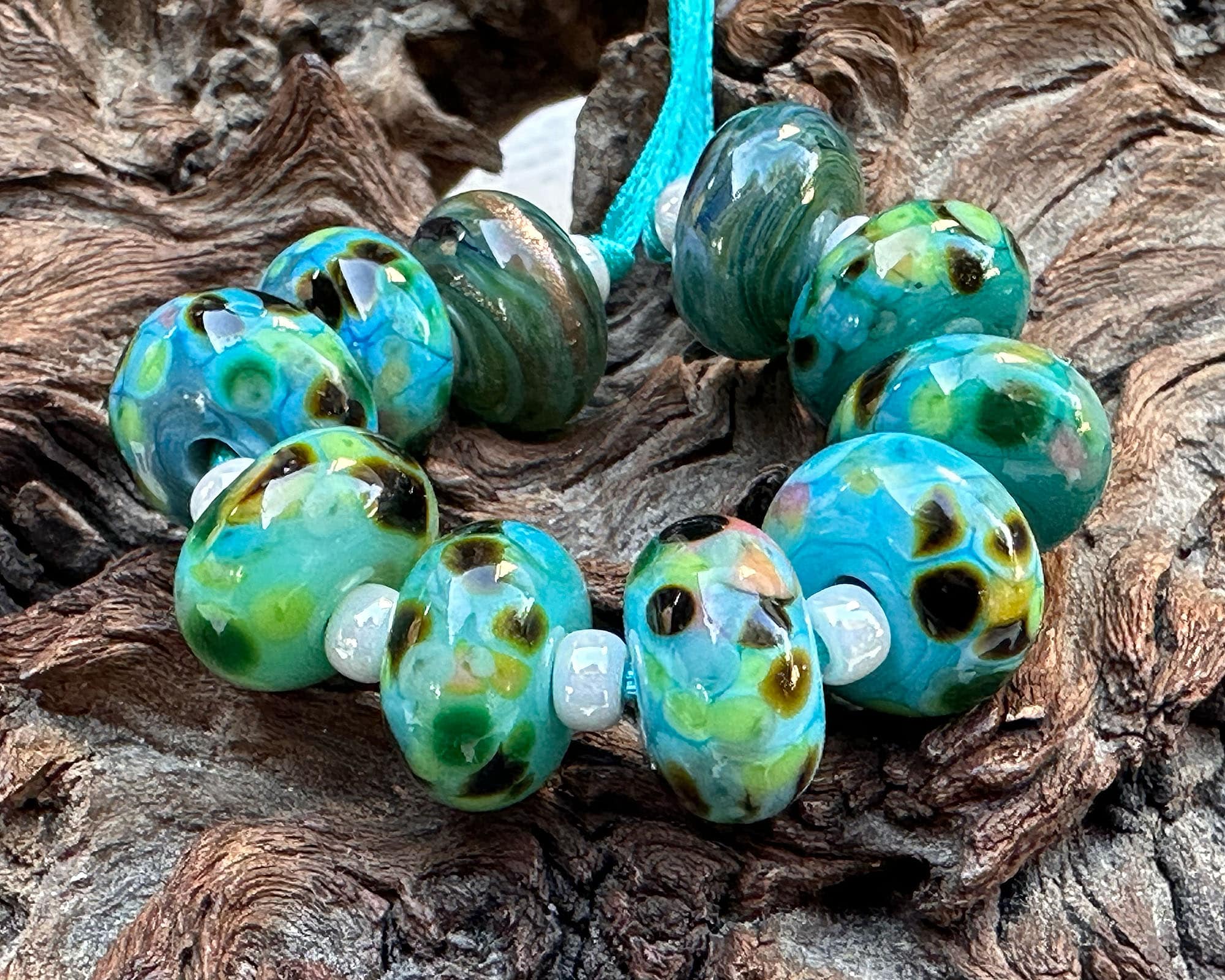 10 Teal Green Mosaics Lampwork Glass Beads Set for Jewelry Making, DIY Crafts, Bracelets & Necklaces - SRA Certified Artisan Beads