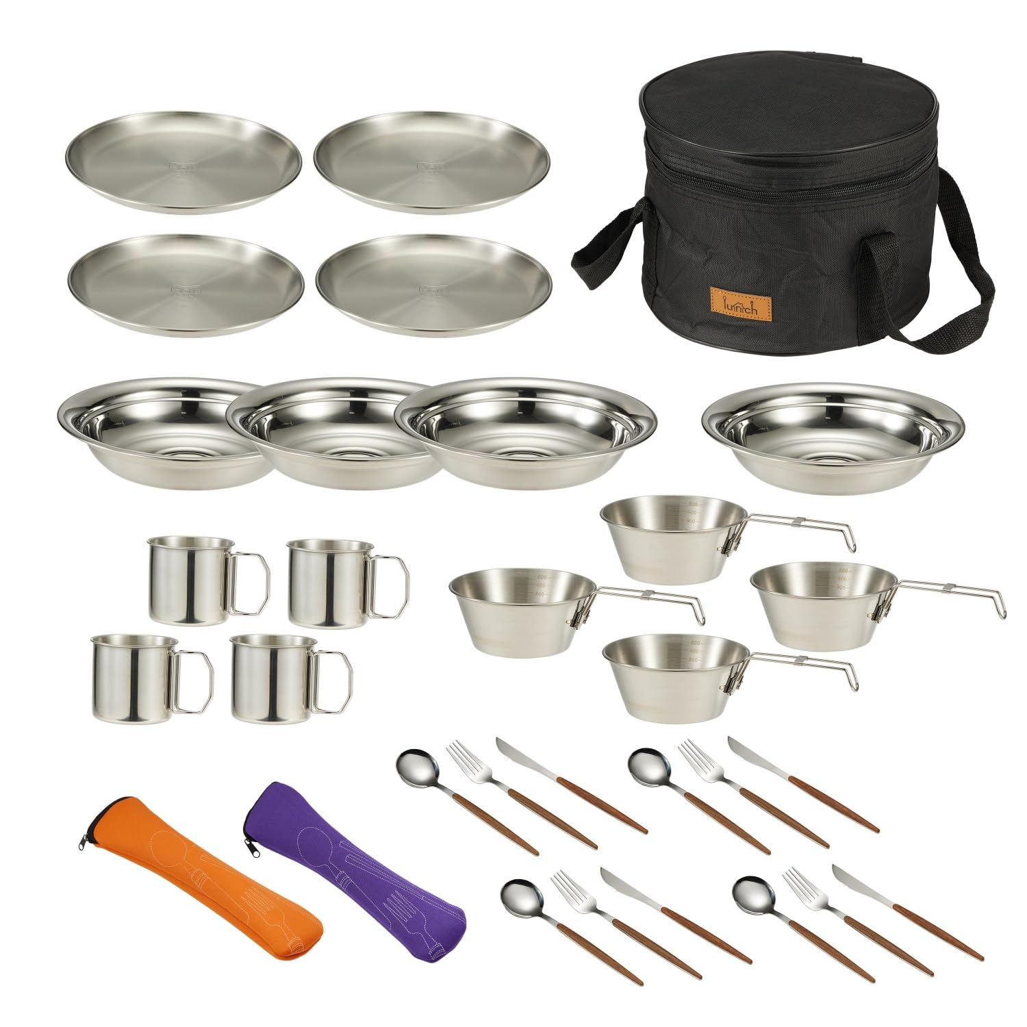 **31-Piece Camping Kitchen Tableware Set for 4 People - Stainless Steel Bowls, Plates, Cups, Spoons, Forks & Serrated Knife - Compact & Lightweight Mess Kit for Backpacking, Hiking, Picnics & Outdoor Adventures**