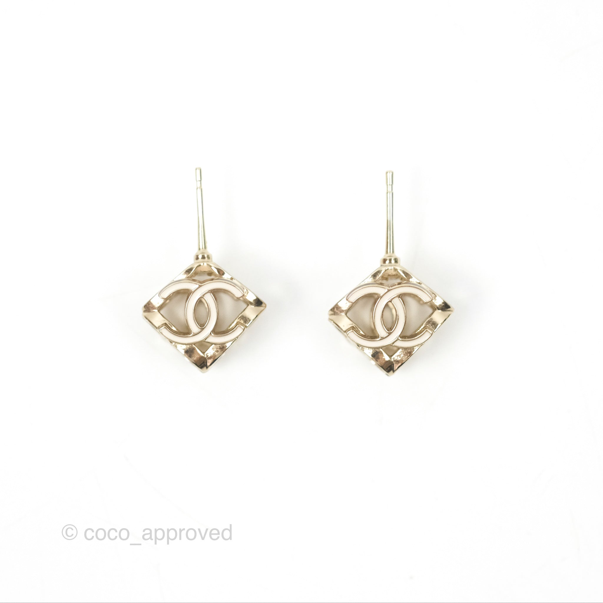 Chanel CC Gold and White Cube Earrings - 22K Gold Tone Fashion Jewelry for Women - Perfect for Parties, Weddings, and Special Occasions