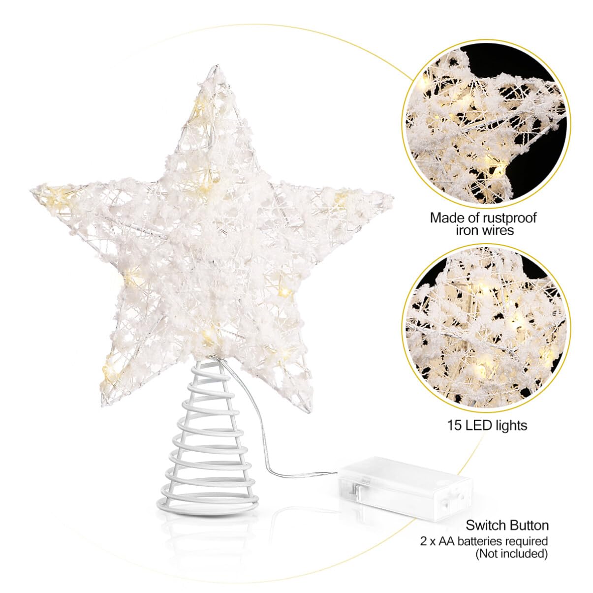 Unomor Christmas Star Tree Topper - 15 LED Lights with White Cotton Balls & Hollow Metal Design | Battery Operated Holiday Decor for Xmas Trees, Home, Party & Festive Celebrations