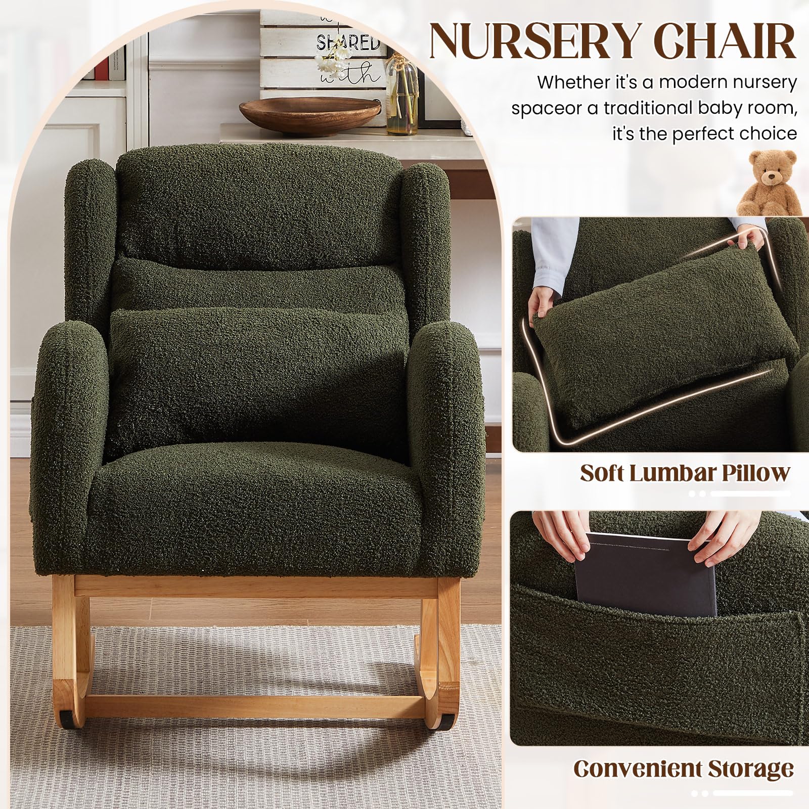 Antetek Modern Rocking Chair - High Back Teddy Upholstered Nursery Rocker with Lumbar Support, Wingback Accent Armchair for Living Room, Bedroom & Nursery (Green) | Perfect for Nursing, Reading & Relaxing