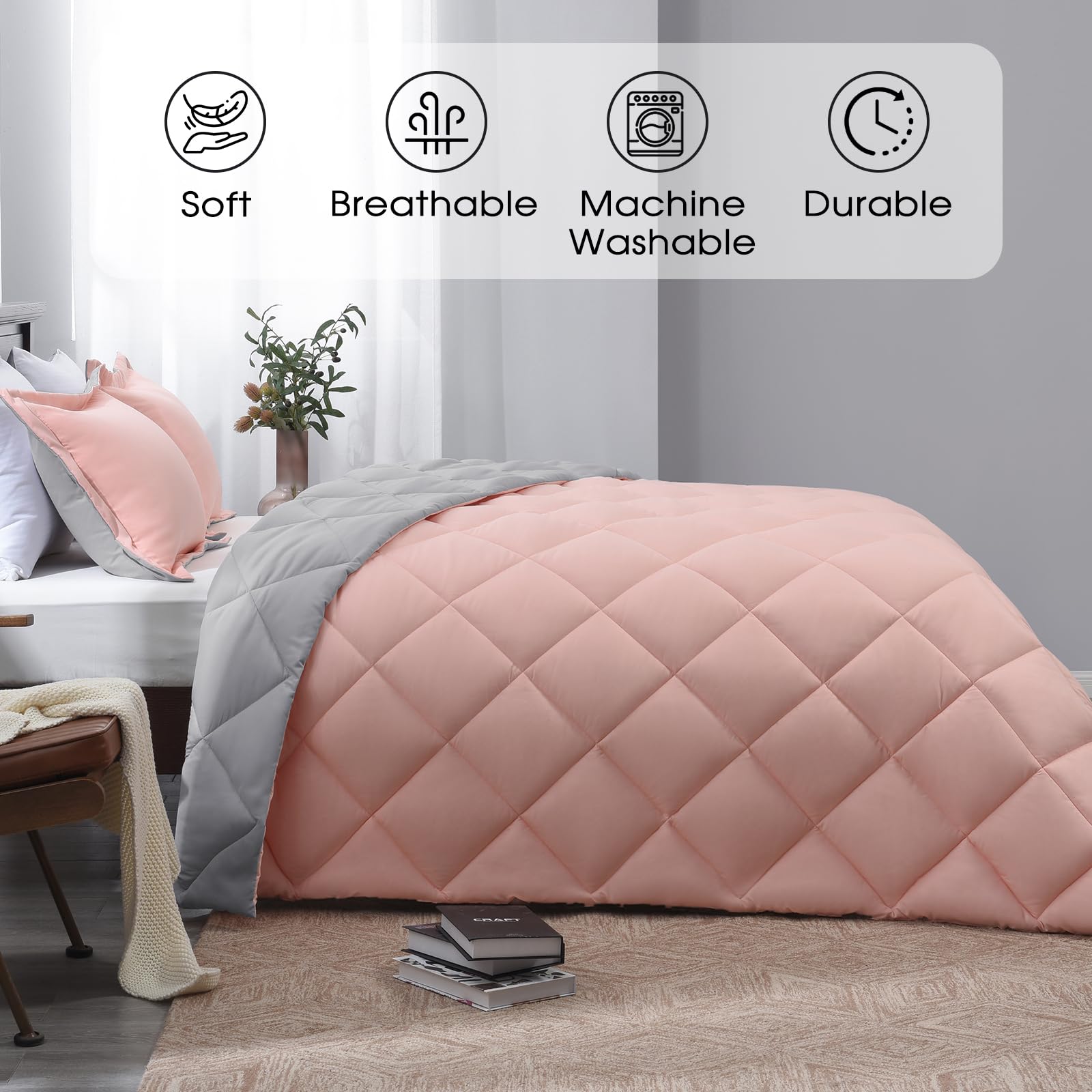 Basic Beyond King Size Comforter Set - Reversible Pink & Grey All-Season Bedding (104x92 inches) with 2 Pillow Shams (20x36+2 inches) | Ultra Soft King Comforter for Master Bedroom, Guest Room & Cozy Home Decor
