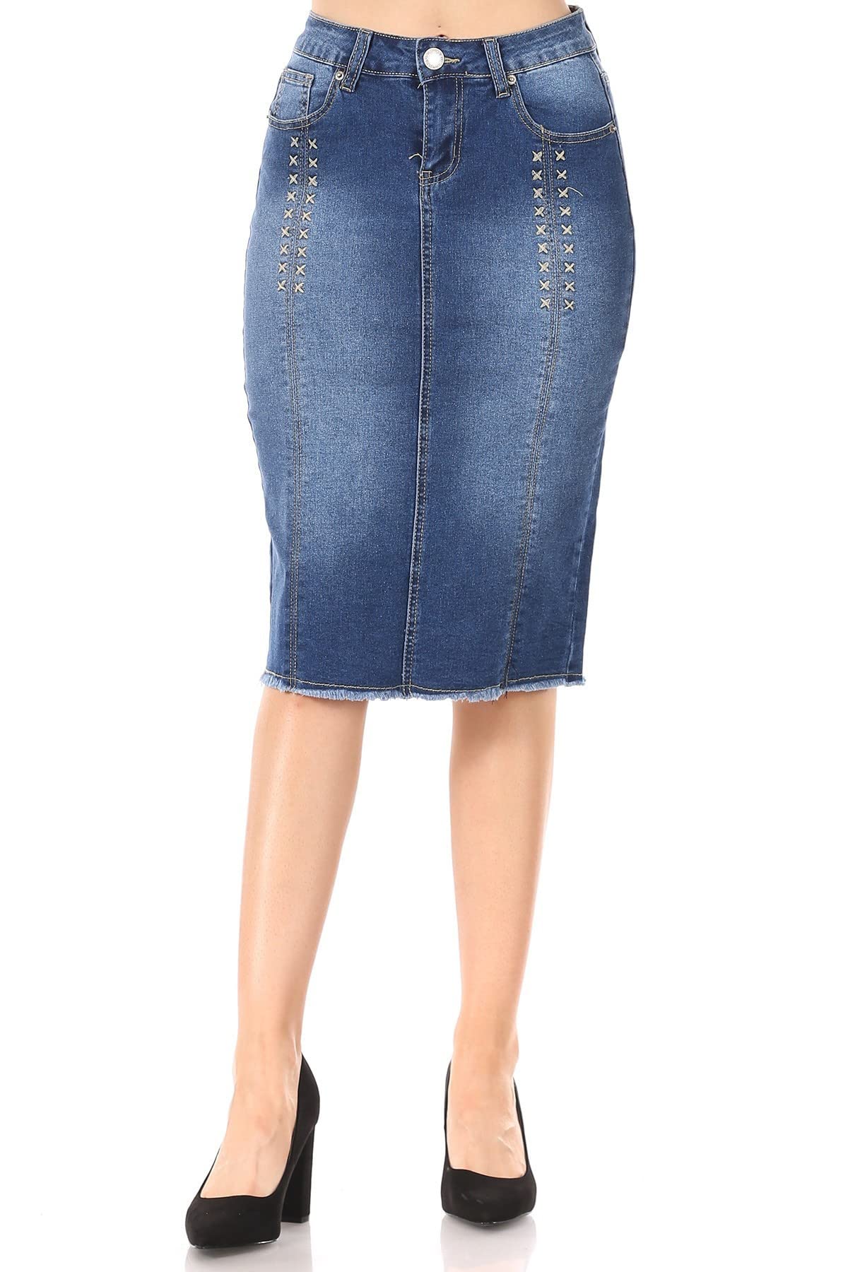 Fashion2Love Women's Stretchy Denim Pencil Skirt for Juniors & Plus Size - Mid-Length Blue Denim Skirt (77980) | Perfect for Office Wear, Casual Outfits & Date Nights
