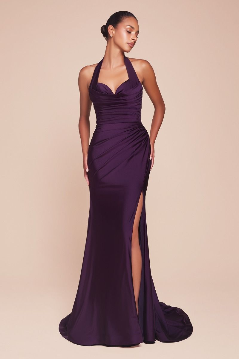 Stretchy Spandex Satin Halter Fitted Dress in Eggplant Purple - Elegant Autumn Gown for Evening Parties & Special Occasions