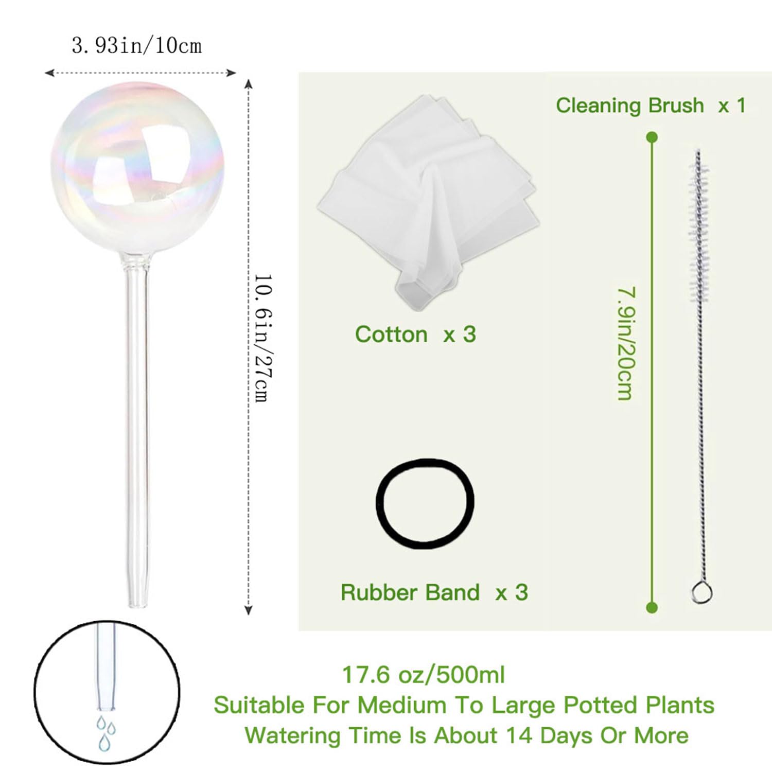 17 Oz 2-Week Self-Watering Glass Globes for Plants - Large Vacation Plant Watering Bulbs - Slow Release Indoor/Outdoor Potted Plant Care - Iridescent 3-Pack - Perfect for Home, Office, Garden & Travel Use