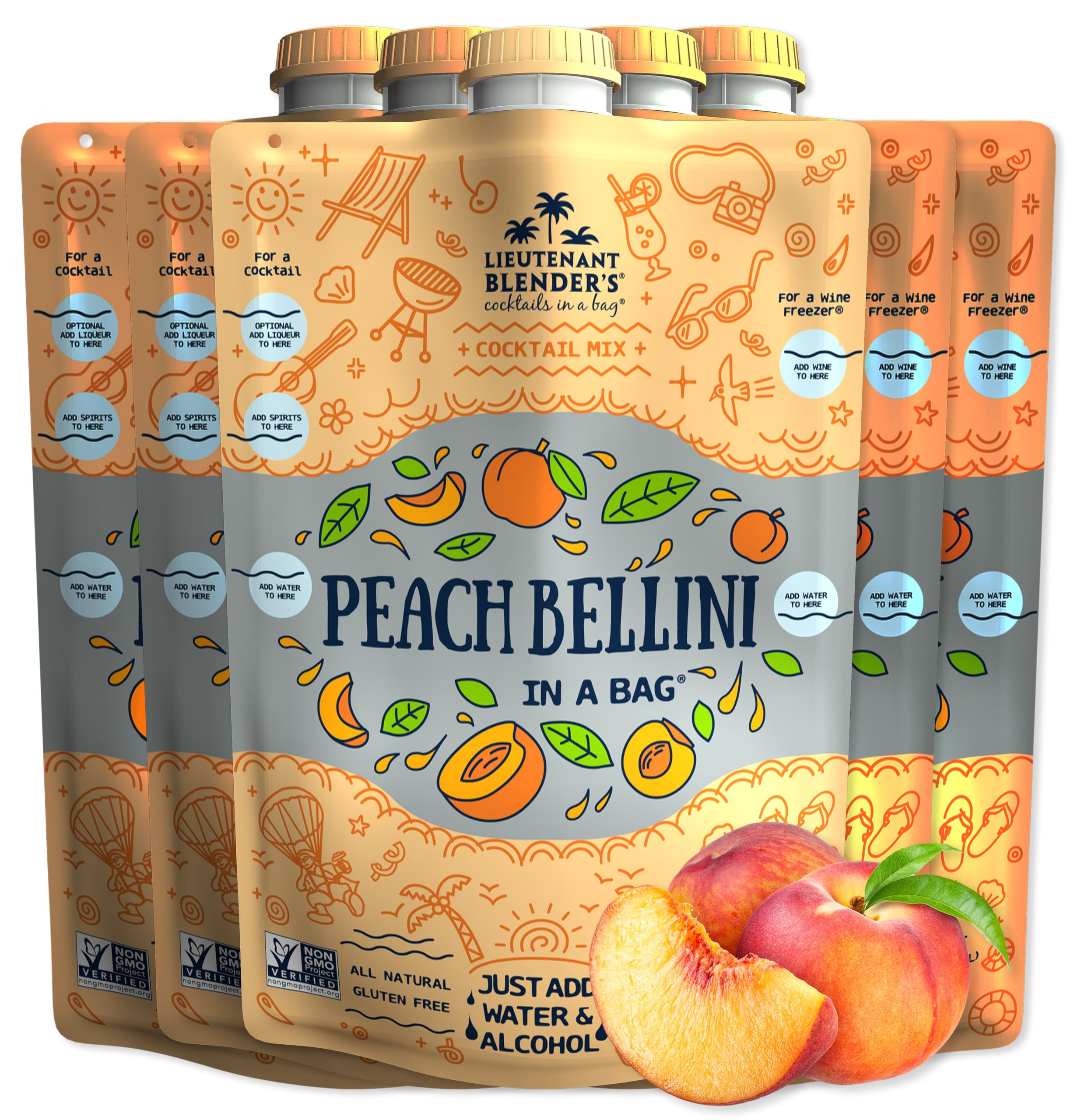 Premium Peach Bellini Wine Slushie Mix - Non-GMO Freezer Cocktail Mix (Pack of 5) - Makes 1/2 Gallon per Bag - Perfect for Parties, Summer Gatherings & Mocktails