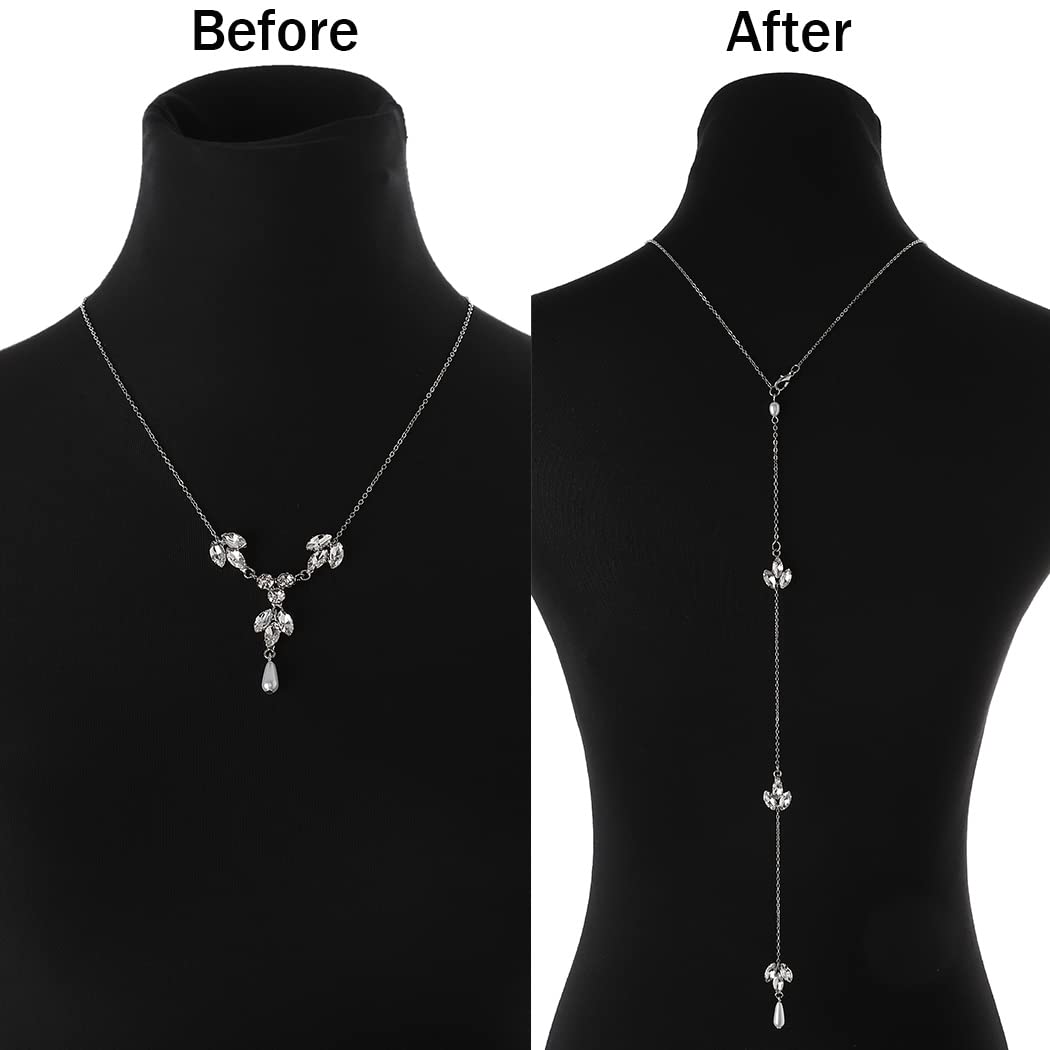 Elegant Wedding Crystal Necklace with Pearl Accents & Silver Drop Back Body Chain for Women - Perfect for Bridal, Evening Gowns, and Special Occasions