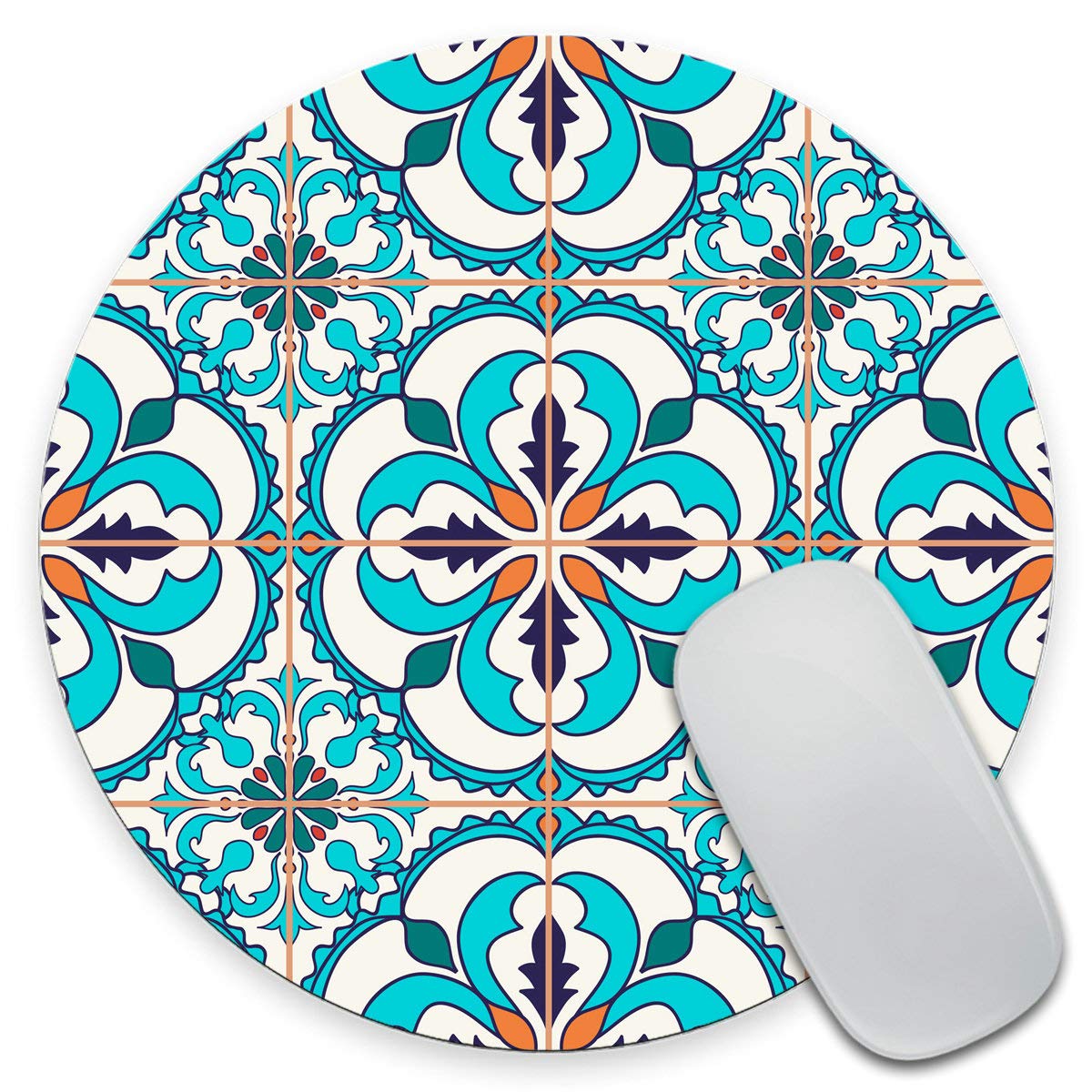 Portuguese Tile Print Mouse Pad - Moroccan & Mediterranean Design Round Mouse Mat for Office, Gaming & Home Desk Accessories | Perfect Gift for Coworkers & Friends