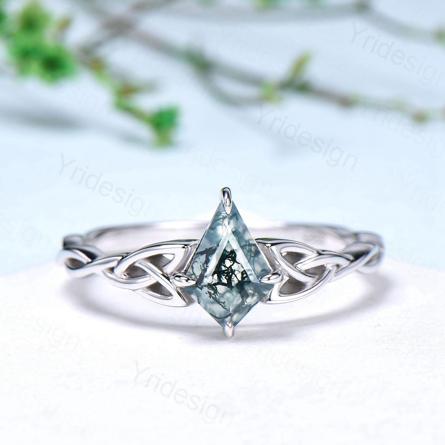Viking Kite Cut Moss Agate Engagement Ring Set with Celtic Love Knot Moonstone Wedding Band - Vintage Unique Twisted Green Crystal Bridal Jewelry for Norse Wedding, Handfasting Ceremony & Boho Bridal Fashion
