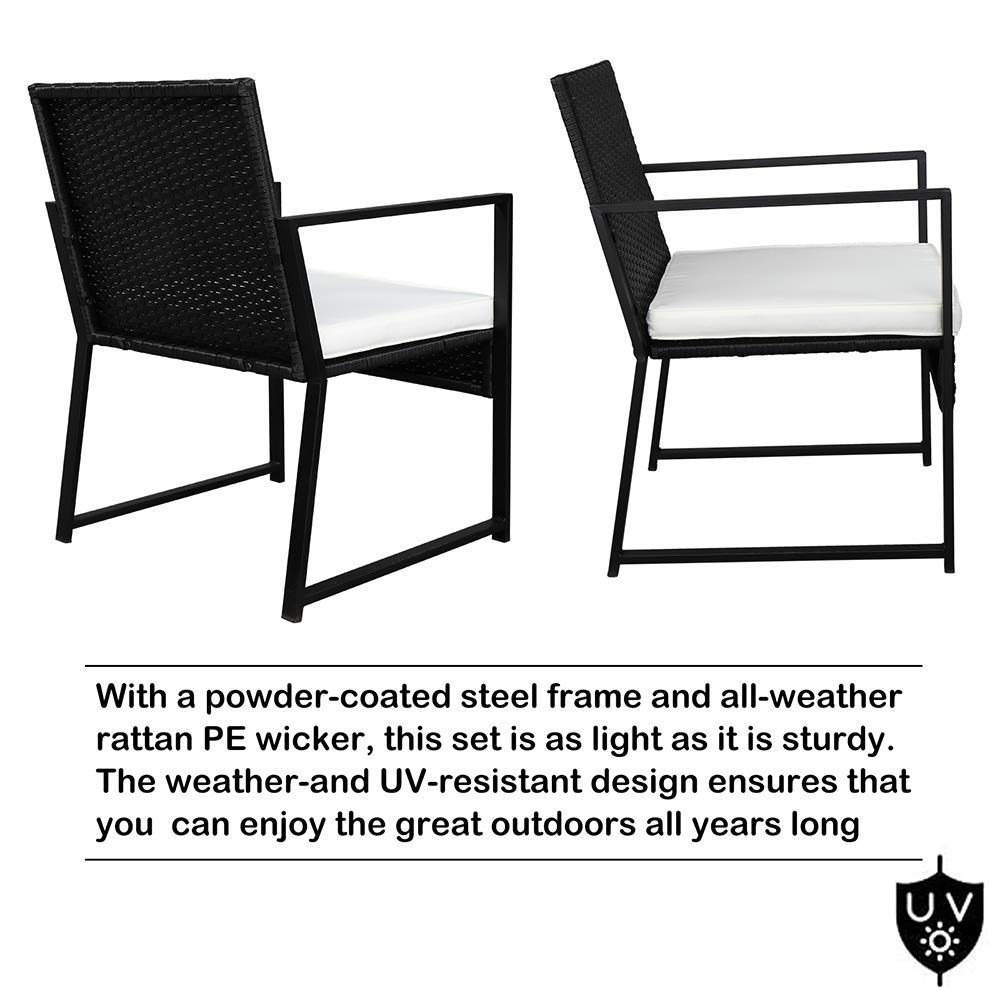 3-Piece Wicker Patio Furniture Set - Outdoor PE Rattan Conversation Set with Glass Table & Cushions (Black & White) for Garden, Balcony, Porch - Perfect for Relaxing & Entertaining Guests