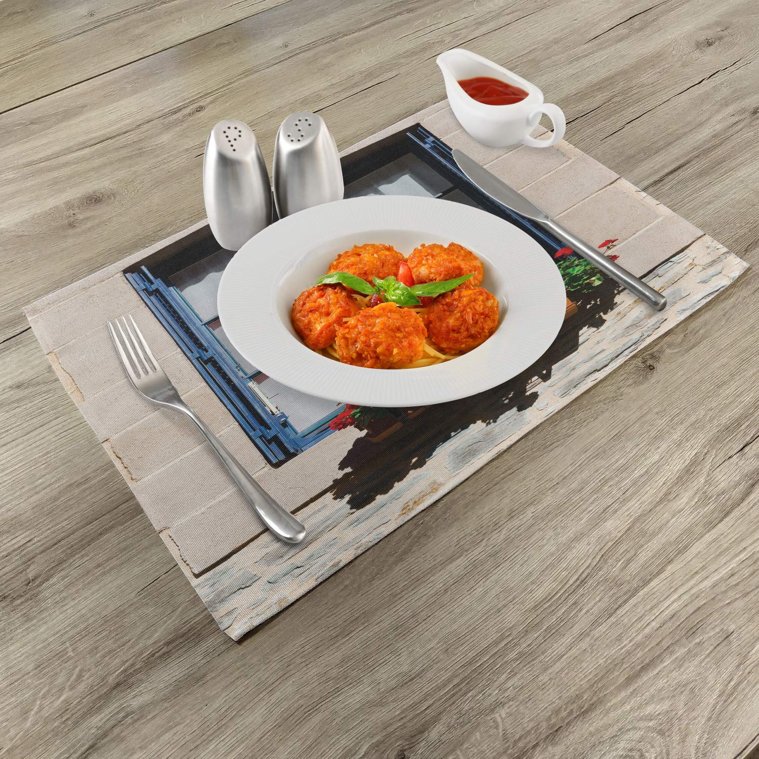 Ambesonne 4-Piece Country Placemats Set - Mediterranean Window Design with Open Shutters, French Urban Life Theme - Washable Fabric Table Mats for Dining Room & Kitchen Decor in Blue Grey - Perfect for Dinner Parties, Holiday Gatherings & Everyday Meals