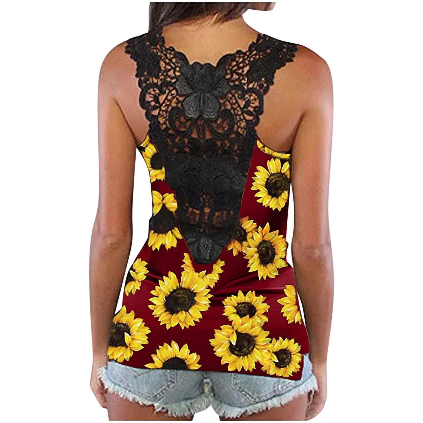 Women's Summer Sleeveless Sunflower Lace Tank Top - Crew Neck Open Back Design for Beach, Vacation & Casual Wear