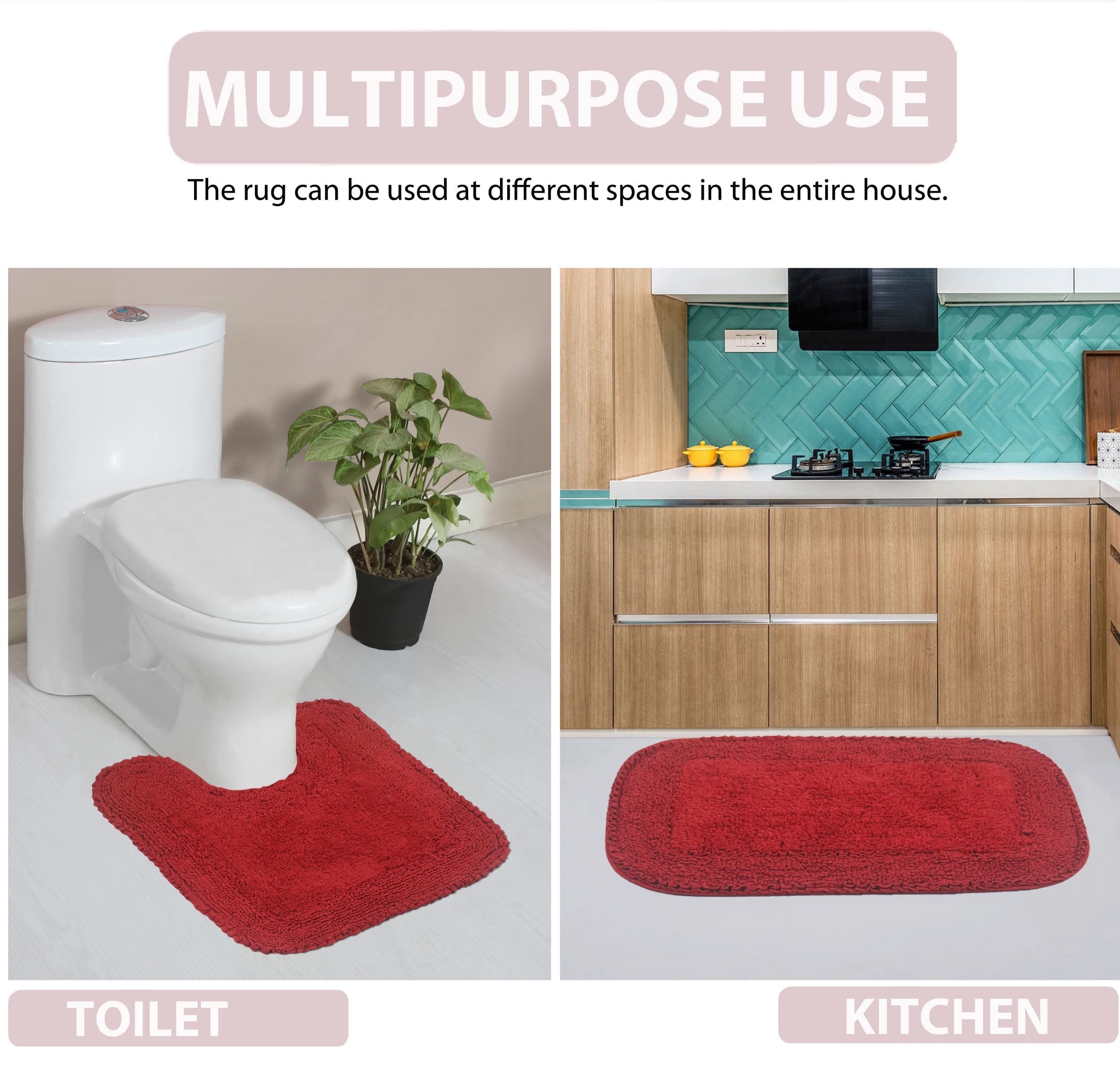 Home Weavers Radiant Collection 100% Cotton Bathroom Rugs Set - Ultra Soft, Absorbent & Washable Non-Slip Bath Mat for Bathroom & Kitchen - 4 Piece Set with Runner in Red - Perfect for Bathroom Safety, Kitchen Comfort & Home Decor