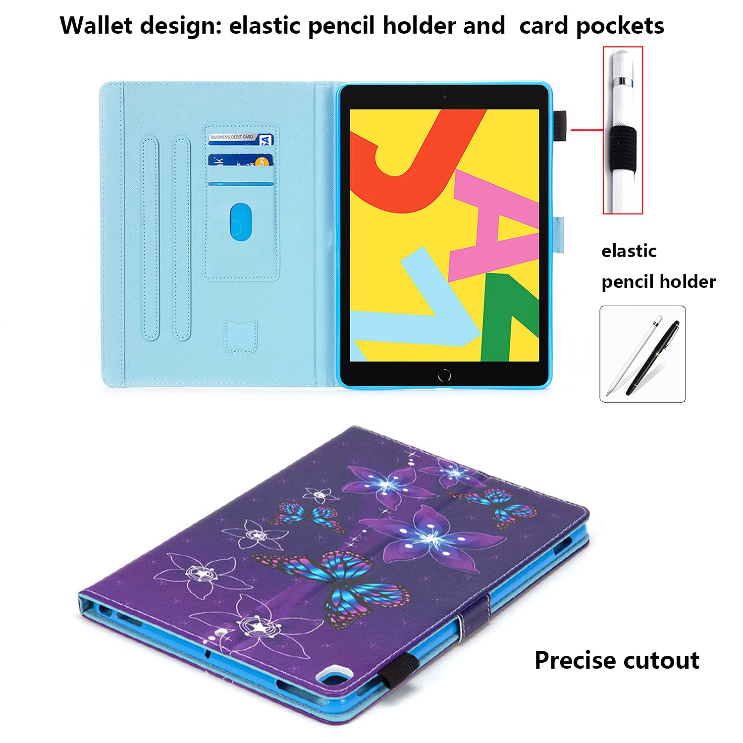 Premium PU Leather Smart Folio Case for iPad 10.2 Inch (9th/8th/7th Gen 2021/2020/2019) - Auto Wake/Sleep, Built-in Stand, Pencil Holder & Card Pockets | Shockproof Protective Cover with Purple Flower Butterfly Design | Perfect for Work, Travel & Daily Use