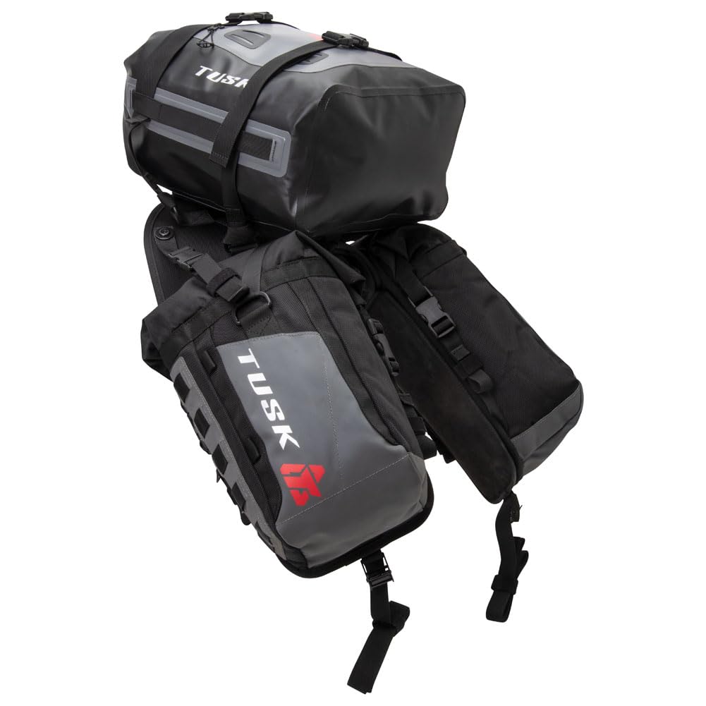 TUSK Excursion Rackless Motorcycle Luggage System with Small Dry Duffel Bag & Water Bottle Holders - Standard Heat Shield, Black/Grey - Perfect for Adventure Riding, Touring & Long-Distance Motorcycle Trips