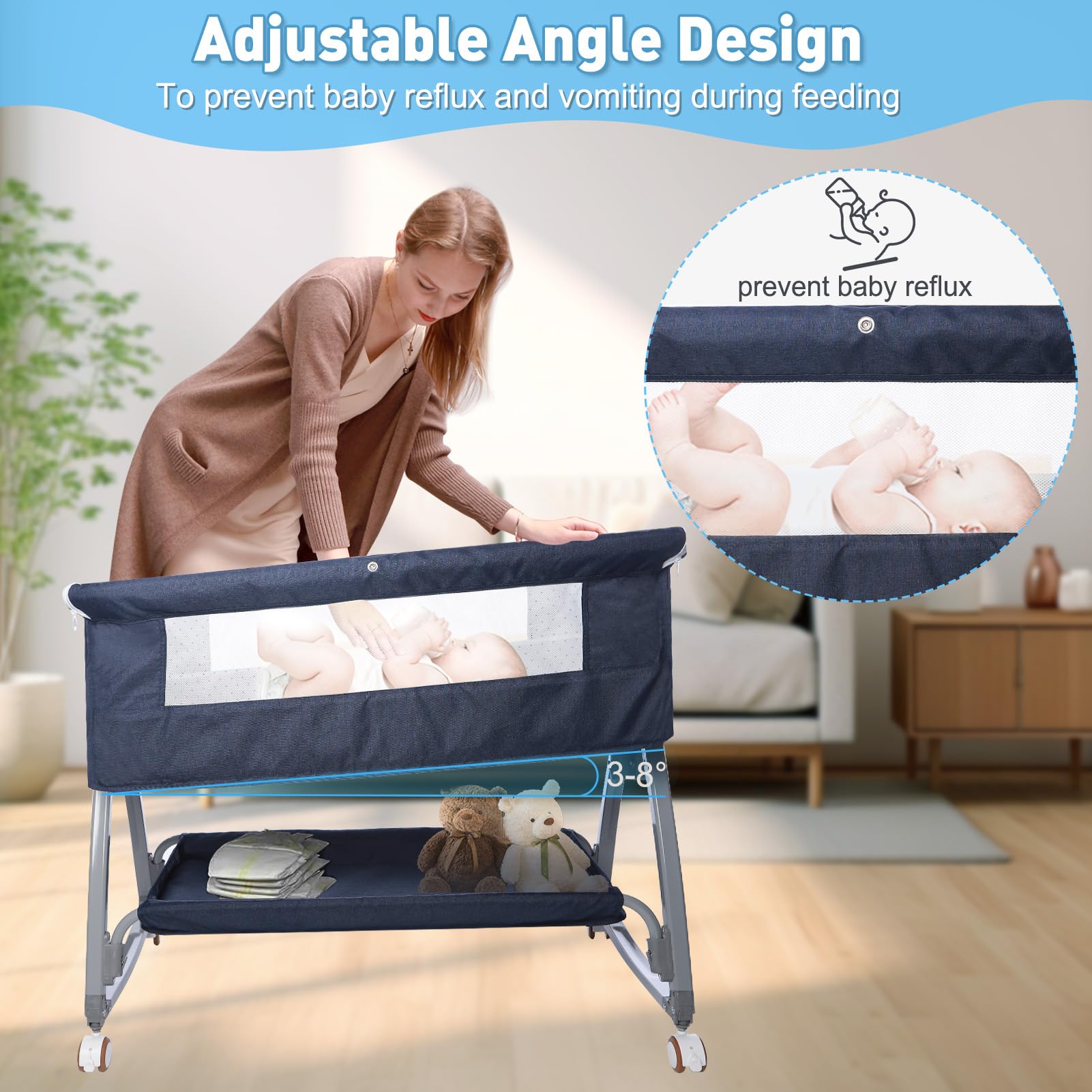 **Portable Baby Bassinet for Newborns – Adjustable Height Bedside Crib with Storage Basket & 4 Auto-Lock Wheels – Safe & Comfortable Infant Sleeper for Nursery, Travel & Co-Sleeping (Navy Blue)**