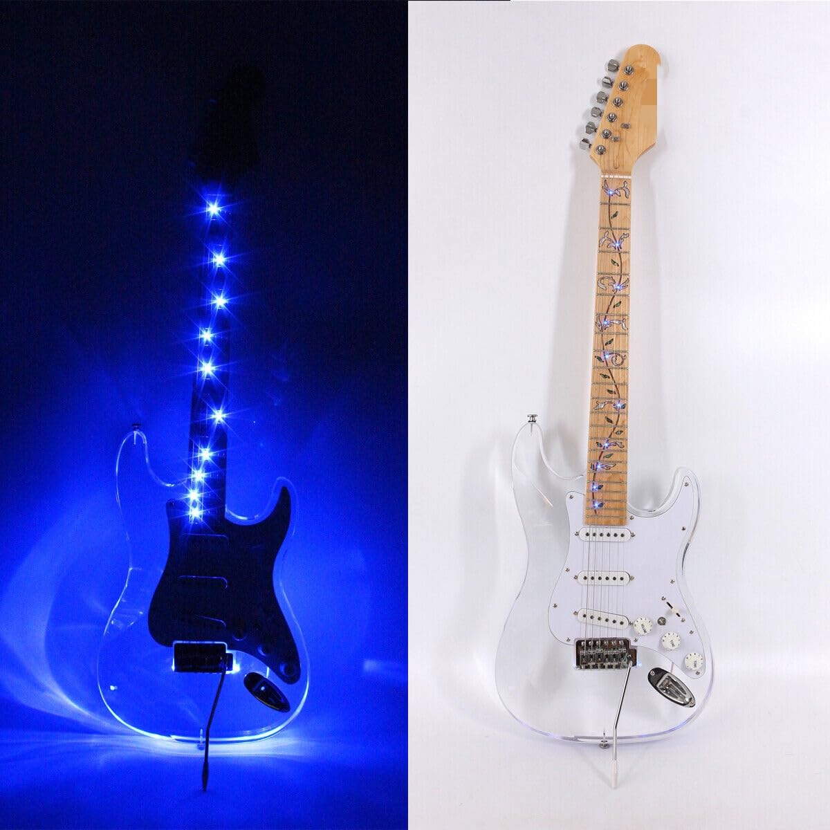 Electric Guitar with LED Lights - Crystal Body, Maple & Rosewood Vine Inlay, Blue Color - Perfect for Stage Performances, Concerts, and Home Practice