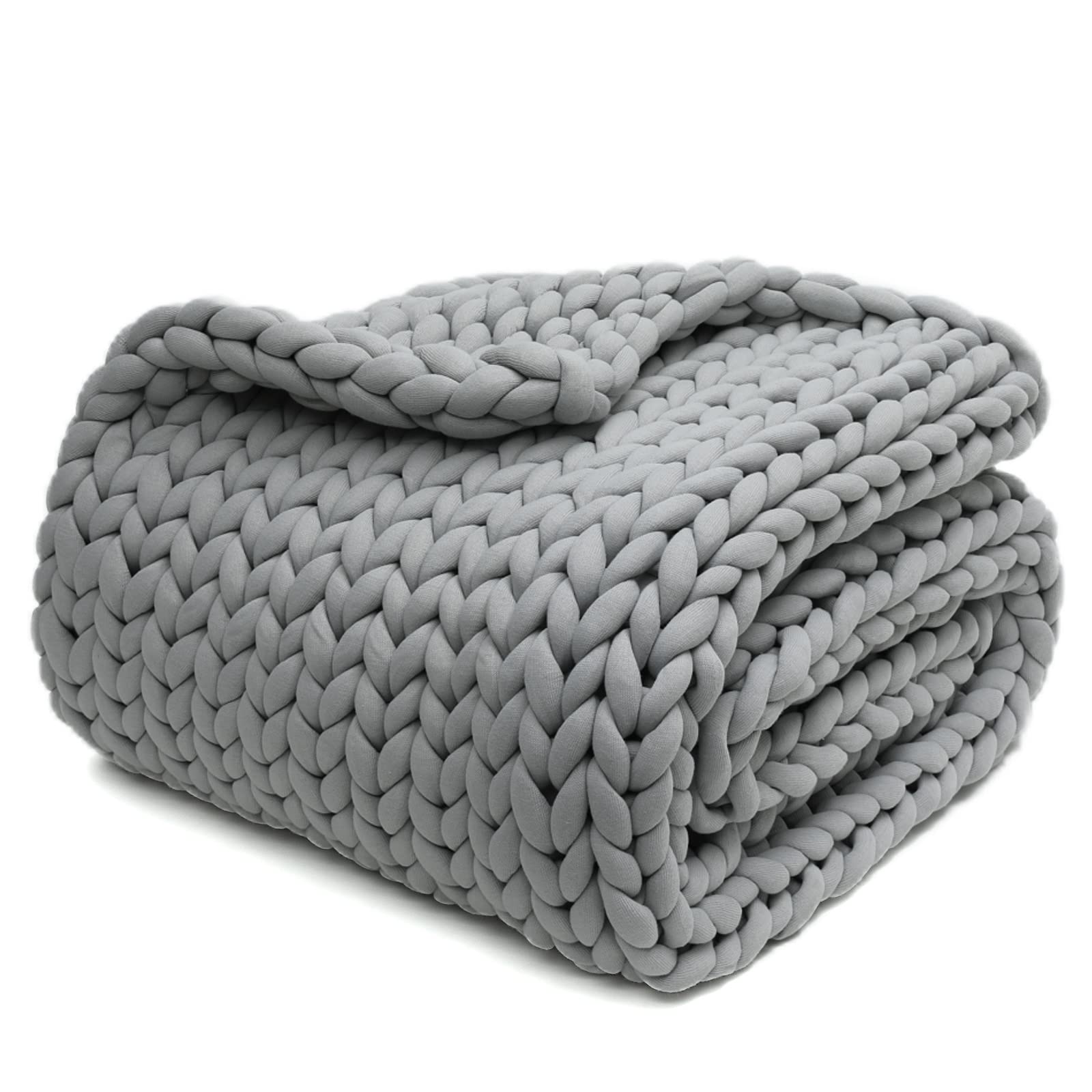 Premium YnM Knitted Weighted Blanket - 25lbs Handmade Chunky Knit Throw Blanket for Adults, Anxiety Relief & Better Sleep - French Silver (80