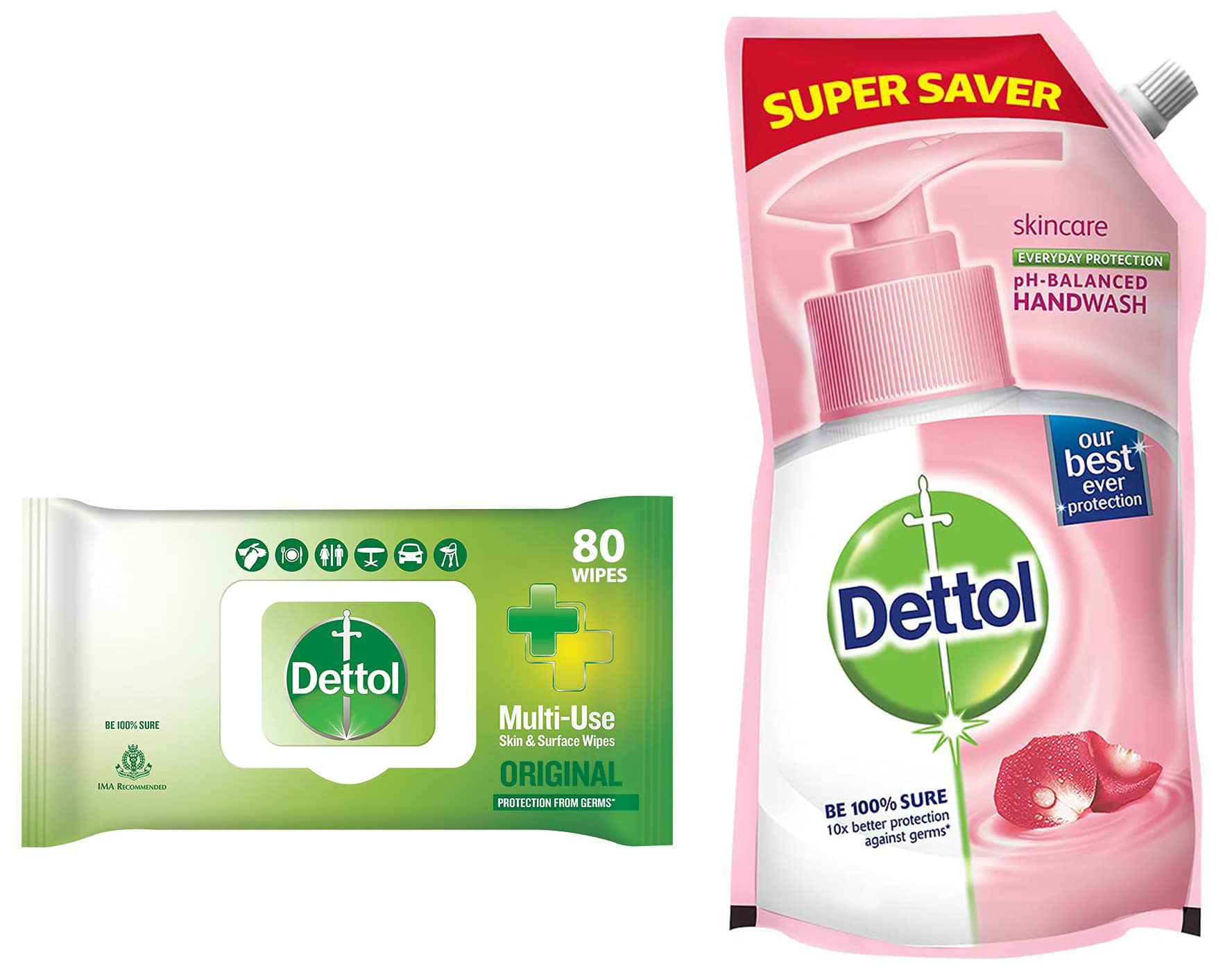Dettol Disinfectant Sanitizing Wipes for Skin & Surfaces, Original Scent - 80 Count & Moisturizing Liquid Hand Wash Refill, 750ml | Antibacterial Cleaning for Home, Office & Travel