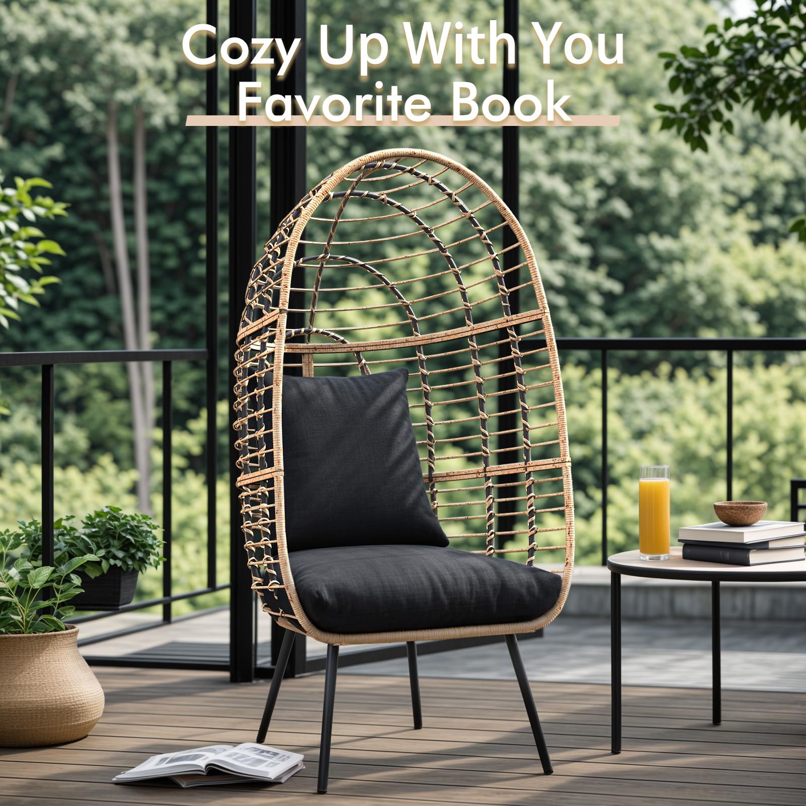 JOIVI Oversized Wicker Egg Chair - Indoor/Outdoor Rattan Hanging Lounger with Stand & Cushions - Patio, Porch, Backyard, Living Room, Balcony Furniture - Perfect for Relaxing, Reading & Sunbathing (Beige Rattan, Black Cushion)