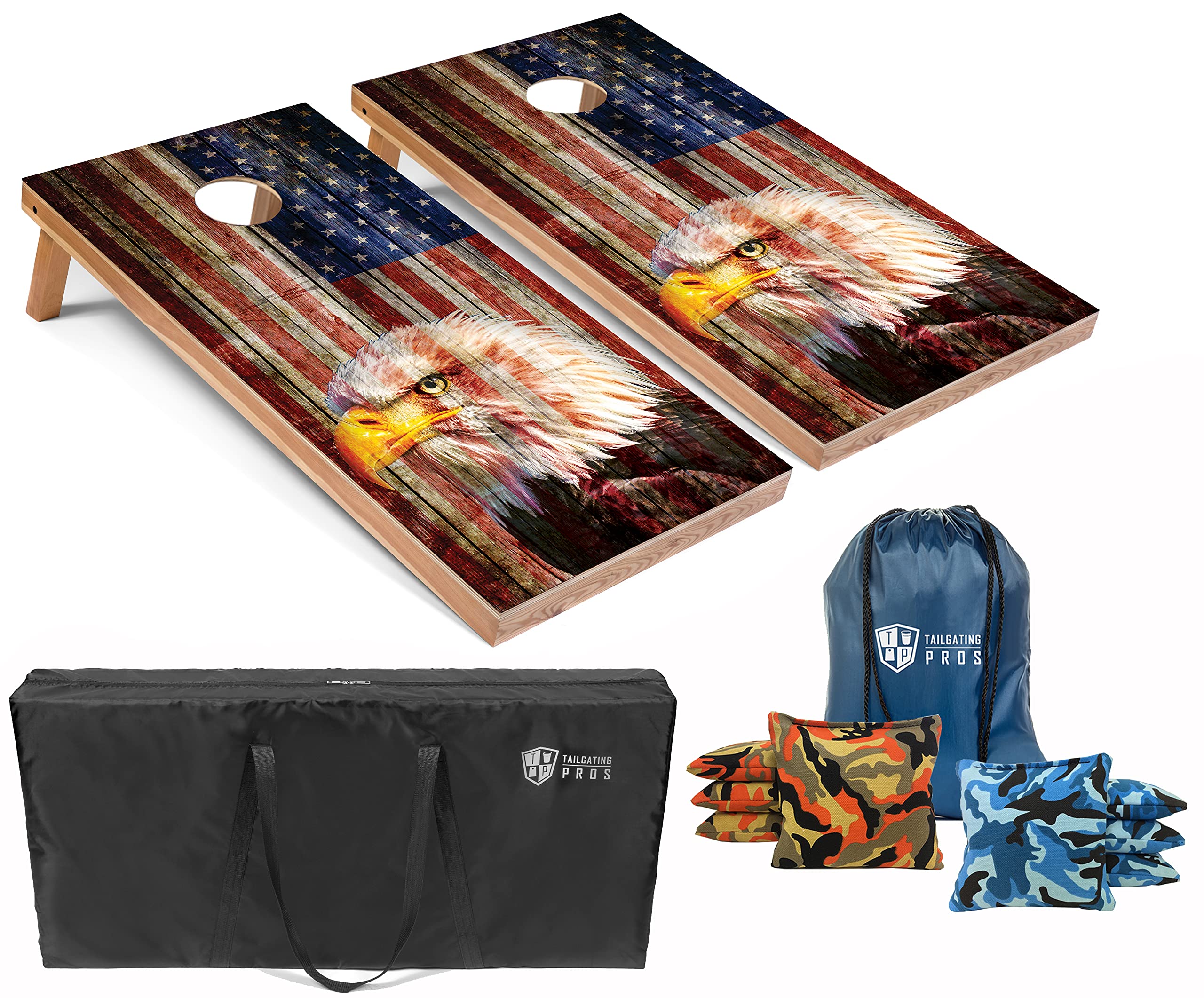 Patriotic Eagle US Flag Cornhole Board Set with Bean Bags & Carrying Case - 4'x2' Outdoor Toss Game - Optional LED Lights for Backyard, Tailgate Parties & BBQ Events