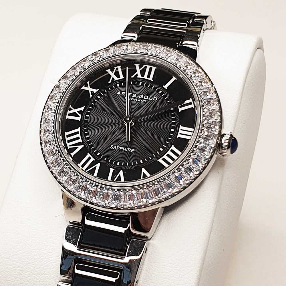 ARIES GOLD ENCHANT CAPELLA Silver Stainless Steel Women's Watch with Black Ceramic Band - Elegant Dress Watch for Women, Perfect for Office, Party & Special Occasions