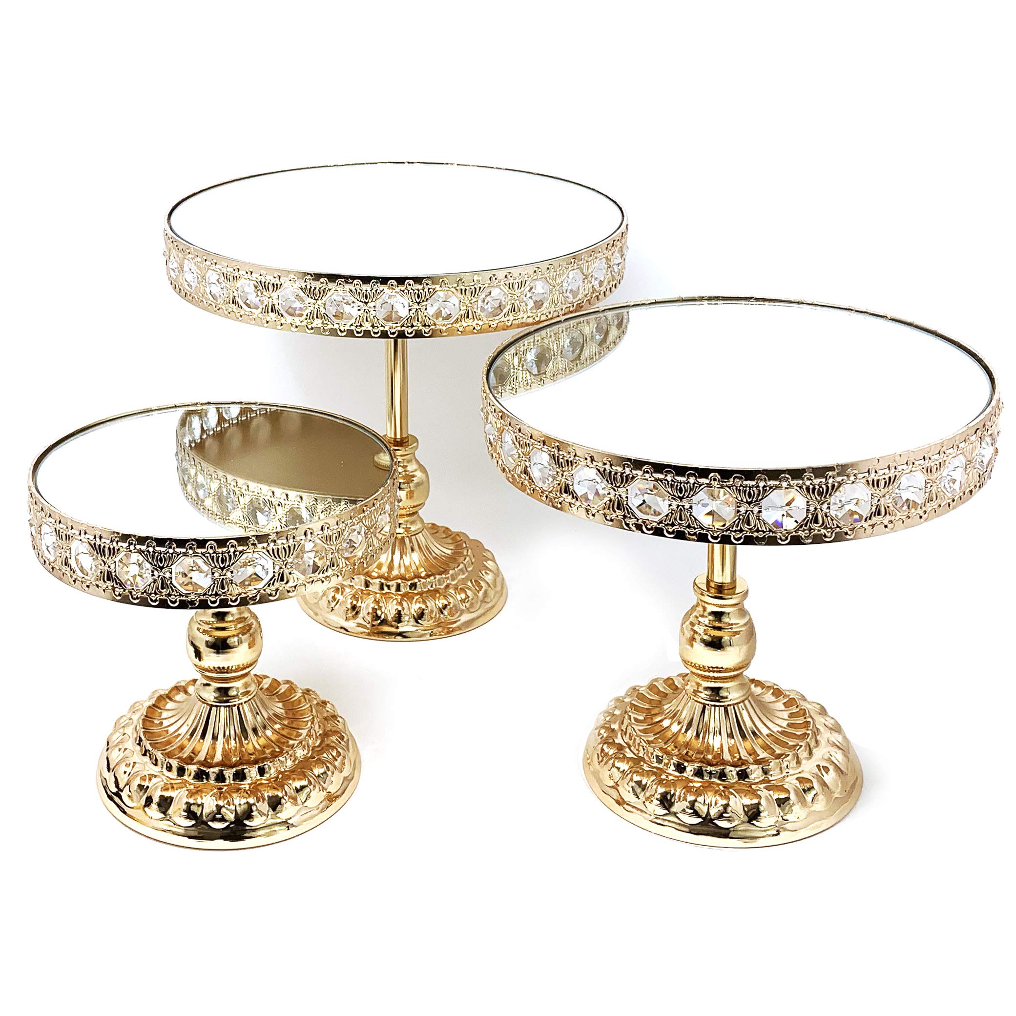Allgala 3-Piece Gold Plated Crystal Wedding Cake Stand Set with Mirror Plate - Elegant Dessert Display for Cupcakes, Cheesecakes & Pastries - Perfect for Weddings, Birthday Parties & Tea Events (Round Design with Bases, Model HD89201)