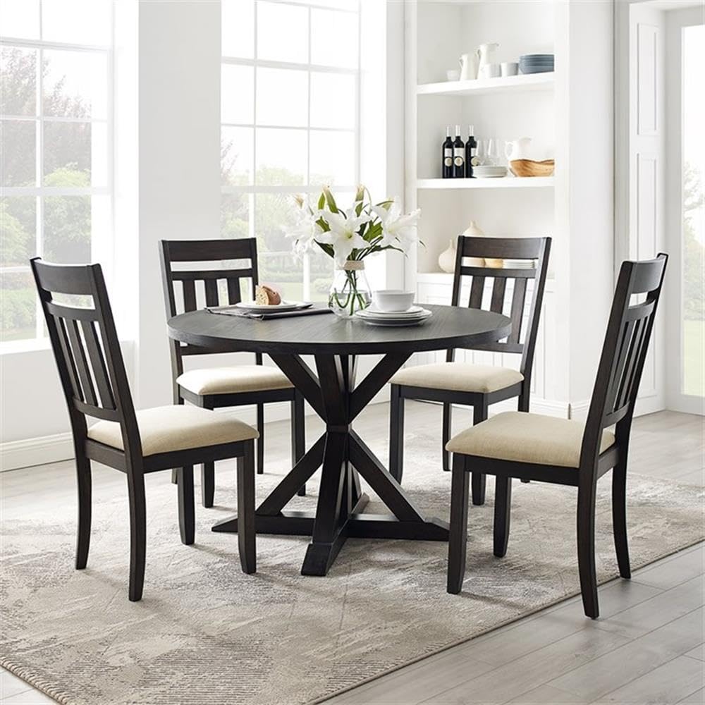 Crosley Furniture Hayden 5-Piece Modern Farmhouse Round Dining Table Set for 4 with Slat Back Chairs, Slate - Perfect for Small Kitchens, Breakfast Nooks & Cozy Dining Spaces