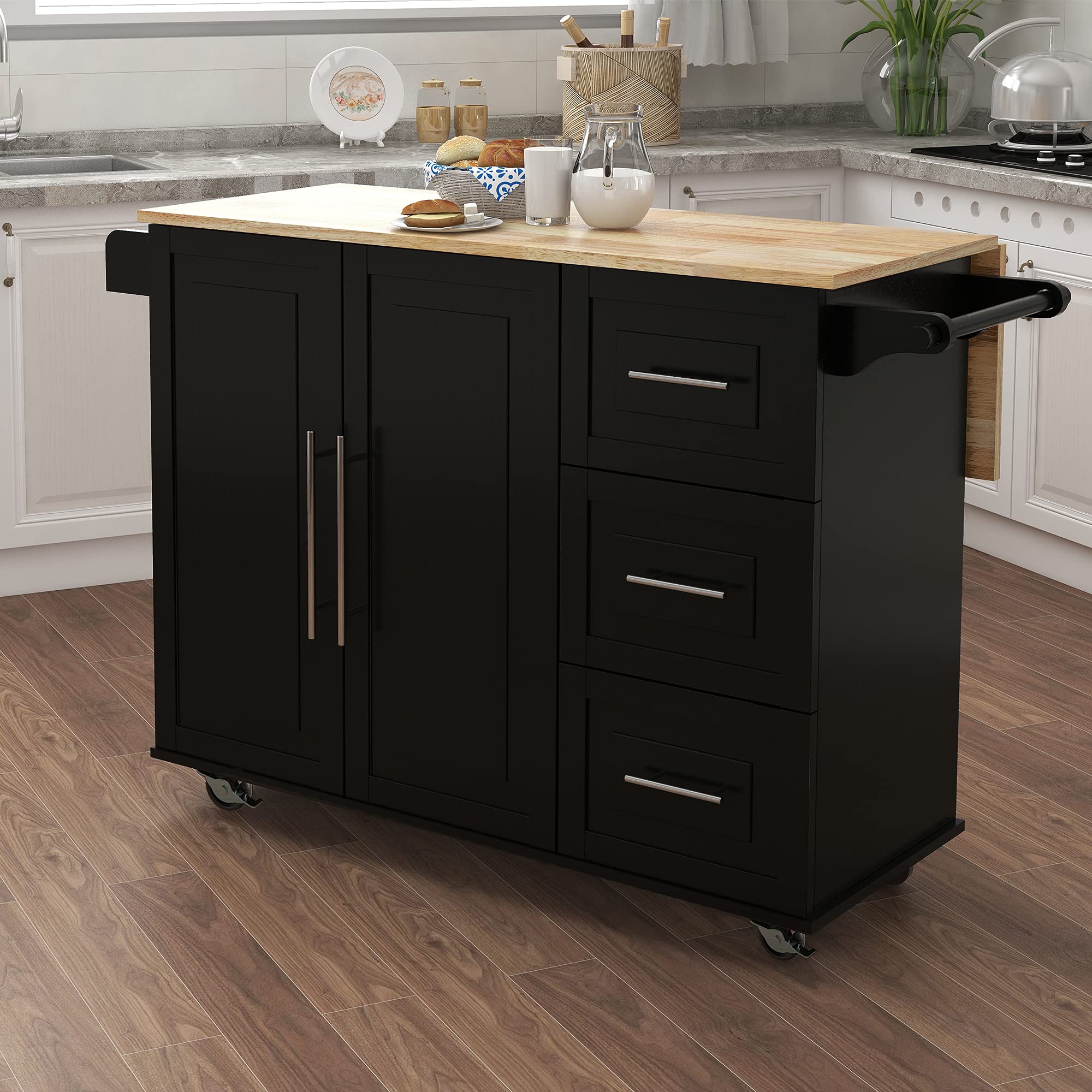 LERFAN Rolling Kitchen Island Cart with Extendable Wood Tabletop, 3 Drawers, Double Doors Cabinet & Towel Rack - Mobile Storage Solution for Small Spaces, Perfect for Kitchen, Dining Room or Bathroom Organization