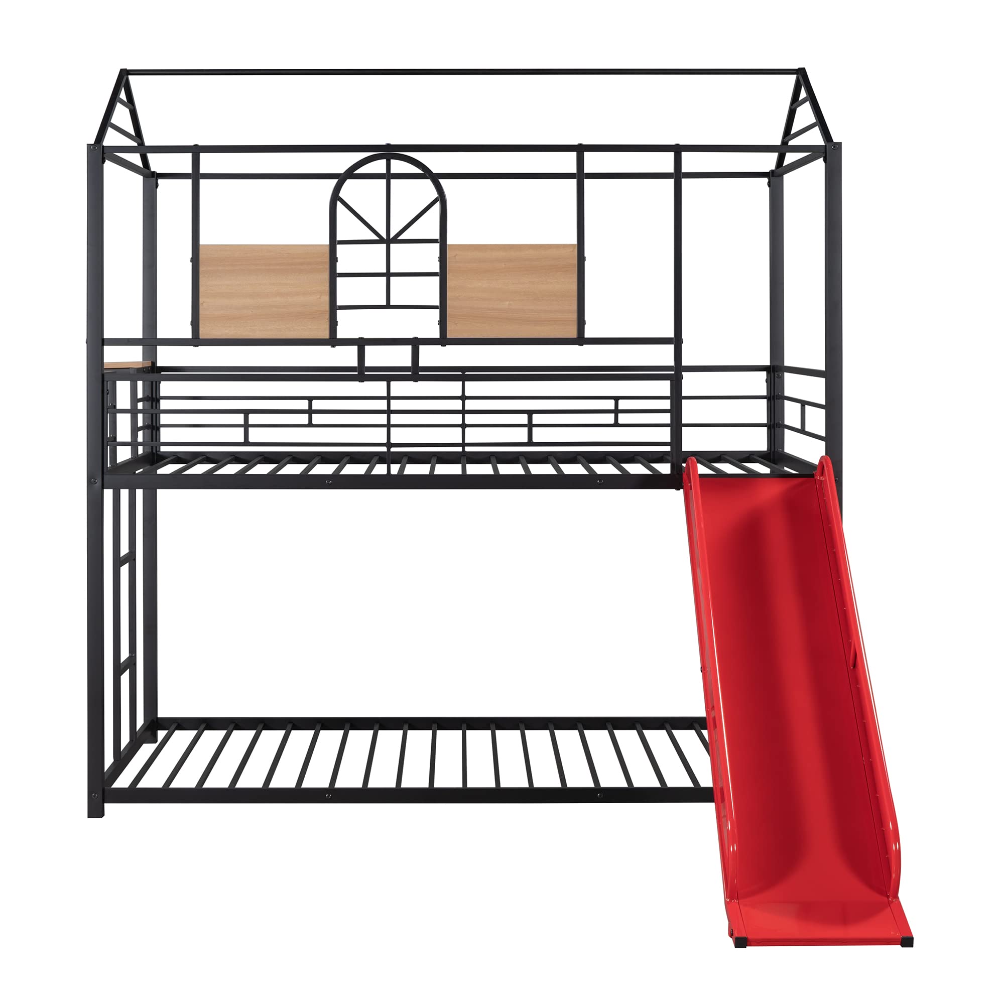 Metal Twin Over Twin Bunk Bed Frame for Kids & Toddlers - Low Profile Cabin Style with Ladder & Fun Slide - No Box Spring Needed (Black/Red) - Perfect for Small Bedrooms, Shared Kids' Rooms & Vacation Homes