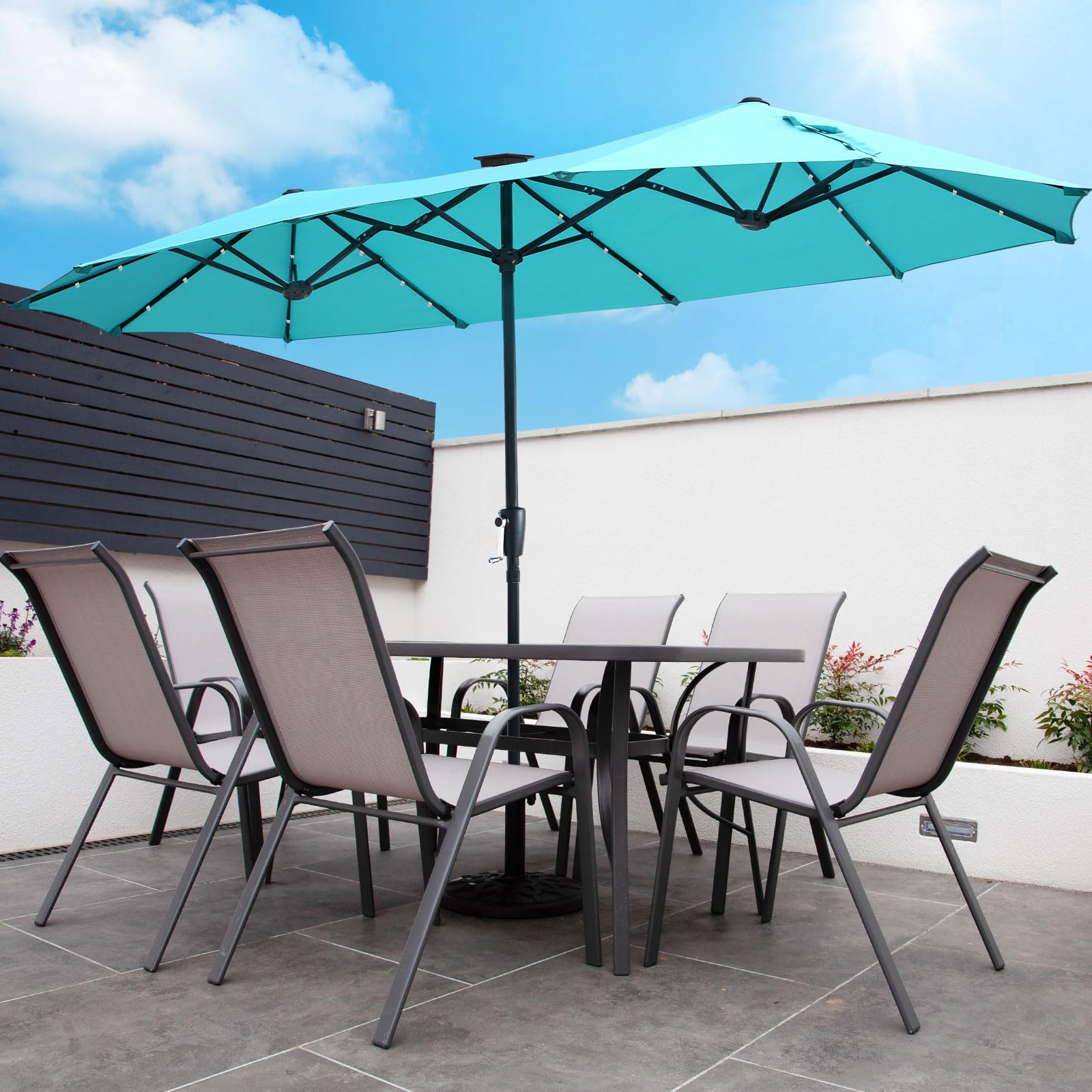 FREE SOLDIER 13ft Solar LED Patio Umbrella with 36 Lights - Double Sided Outdoor Sun Shade for Garden, Yard, Poolside - Perfect for Dining, Lounging & Outdoor Entertaining (Turquoise)