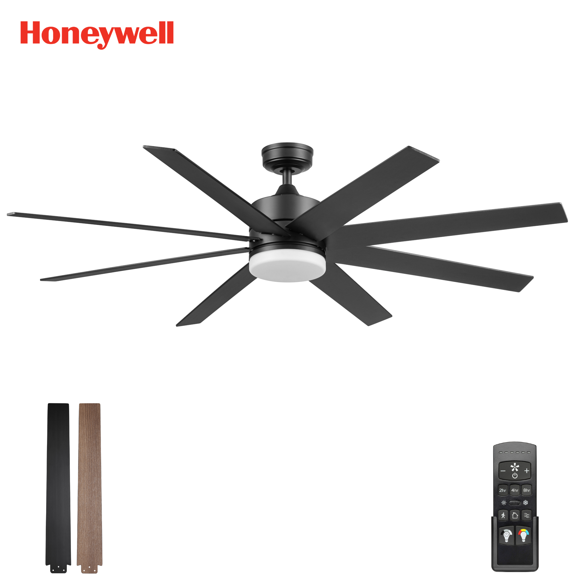 Honeywell 62 Inch Matte Black LED Ceiling Fan with Remote Control - Color Changing Smart Fan with Light Kit for Living Room, Bedroom & Home Office - Energy Efficient Quiet Cooling Fan with Modern Design
