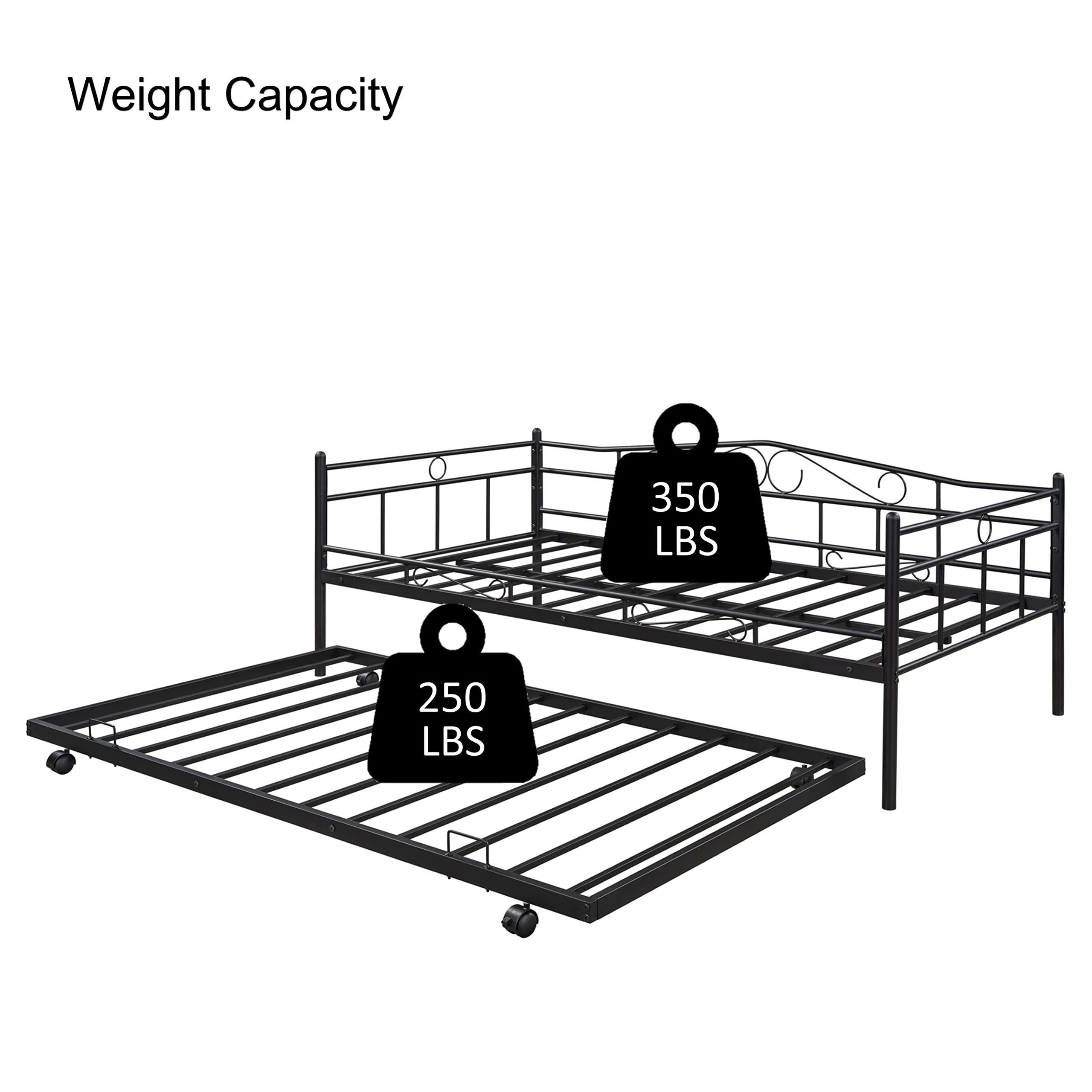 Twin Size Metal Frame Daybed with Pull-Out Trundle - Sturdy Sleeper Sofa for Teens & Adults - Perfect for Living Rooms, Guest Rooms & Small Spaces (Black)