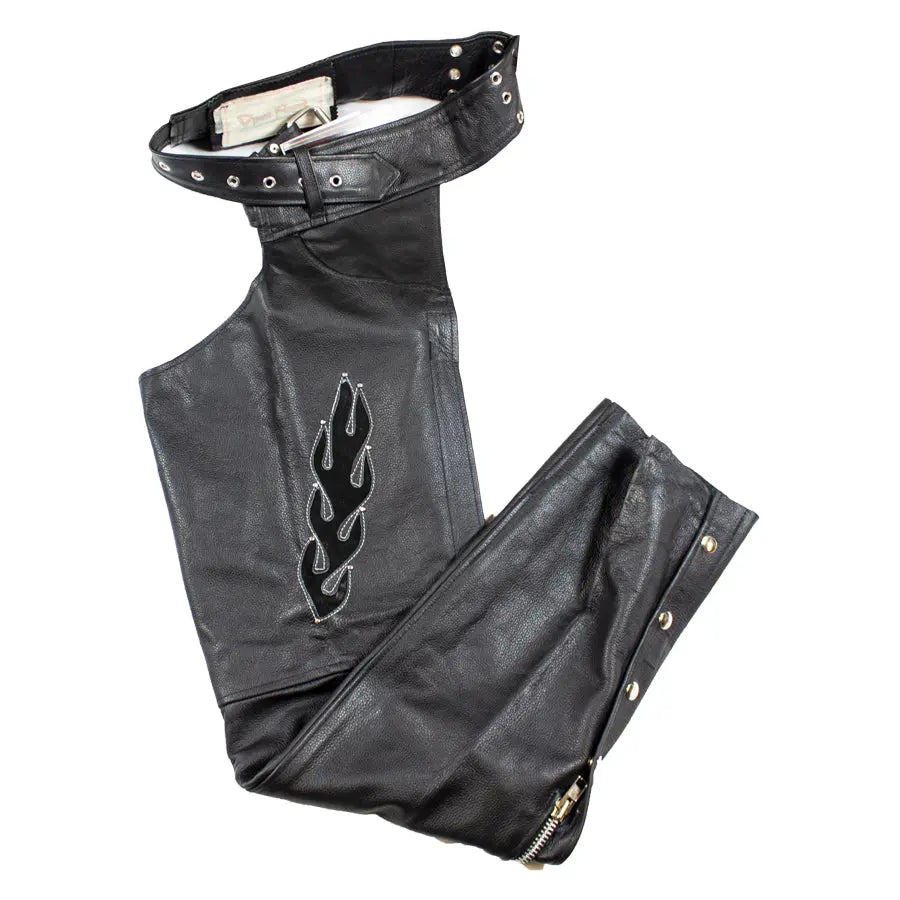 Premium Open Road Women's Flame Inlay Leather Chaps - Motorcycle Riding Gear for Harley Davidson & Cruiser Bikes - Perfect for Biker Ladies & Motorcycle Enthusiasts