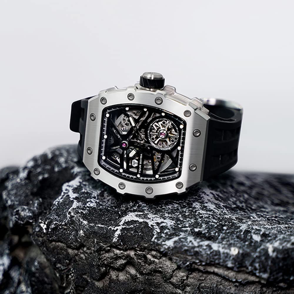 TSAR BOMBA Men's Automatic Skeleton Watch - Luxury Tonneau Design, 50M Waterproof, Silver Square Big Face with Silicone Strap - Perfect for Business, Formal Events & Everyday Wear