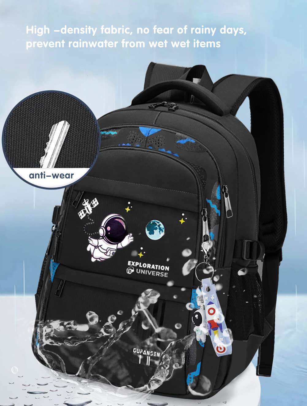 Astronaut Themed Backpack for Boys & Teens - Large Capacity School Backpack for Elementary & Middle School Students (Black) - Perfect for School, Travel & Outdoor Adventures