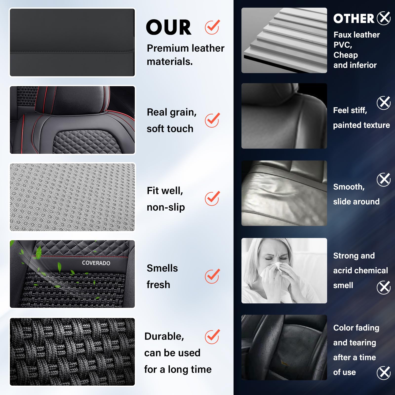 Premium Universal Car Seat Covers Full Set (5-Piece) - Breathable Leather-Woven Design for Front & Back Seats | Perfect Fit for Most Vehicles in Black & Red | Ideal for Daily Commuting, Road Trips & Family Protection